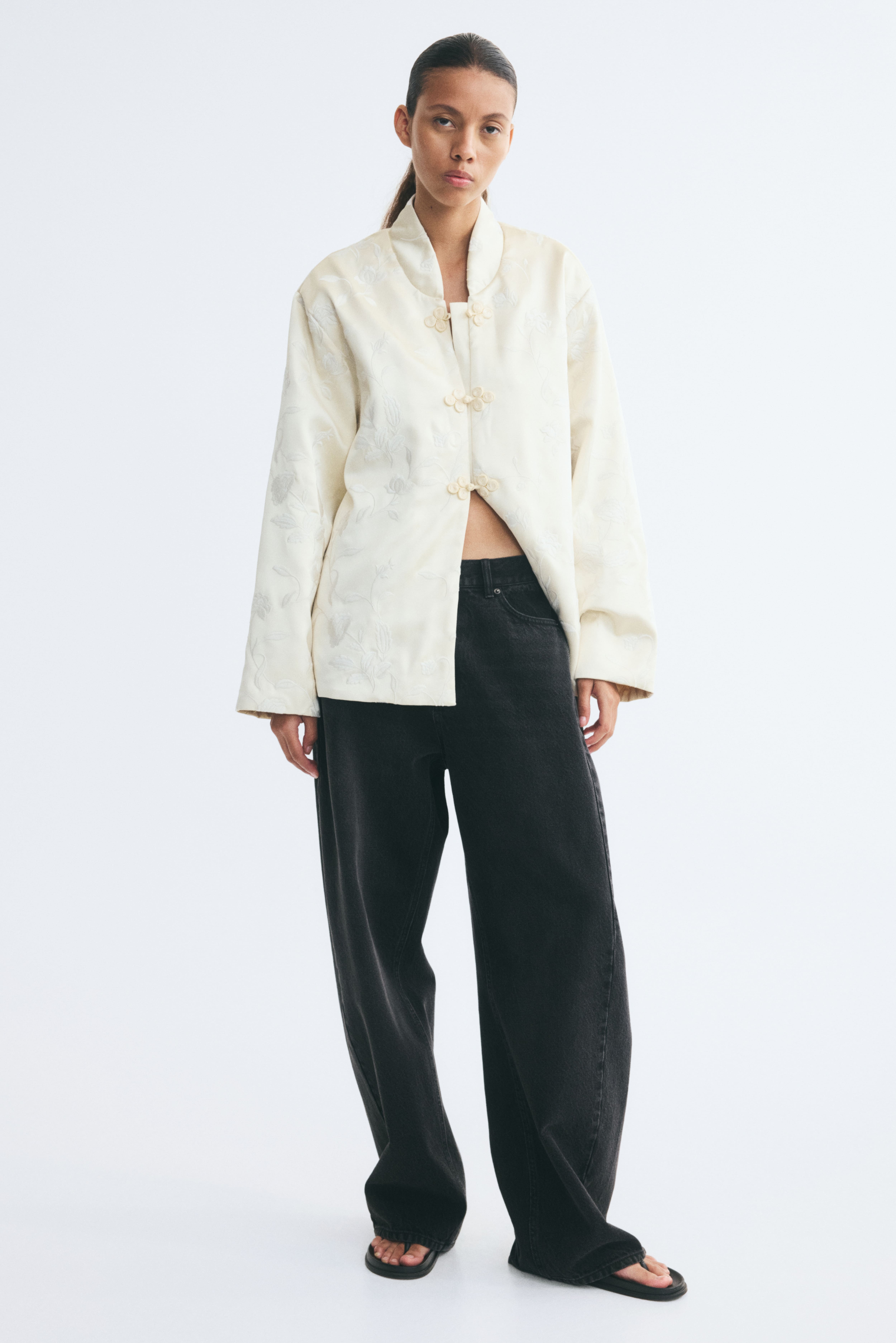 Embroidered Knot-Button Jacket