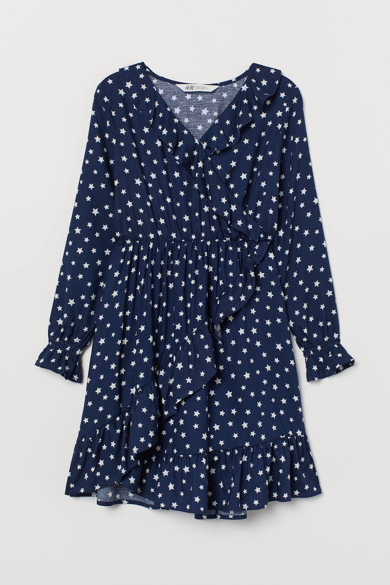 Wrap Dress with Flounces - V-neck - Long sleeve - Dark blue/stars ...