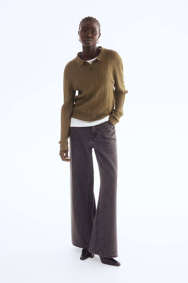 Cable-knit polo shirt-Khaki green - 5