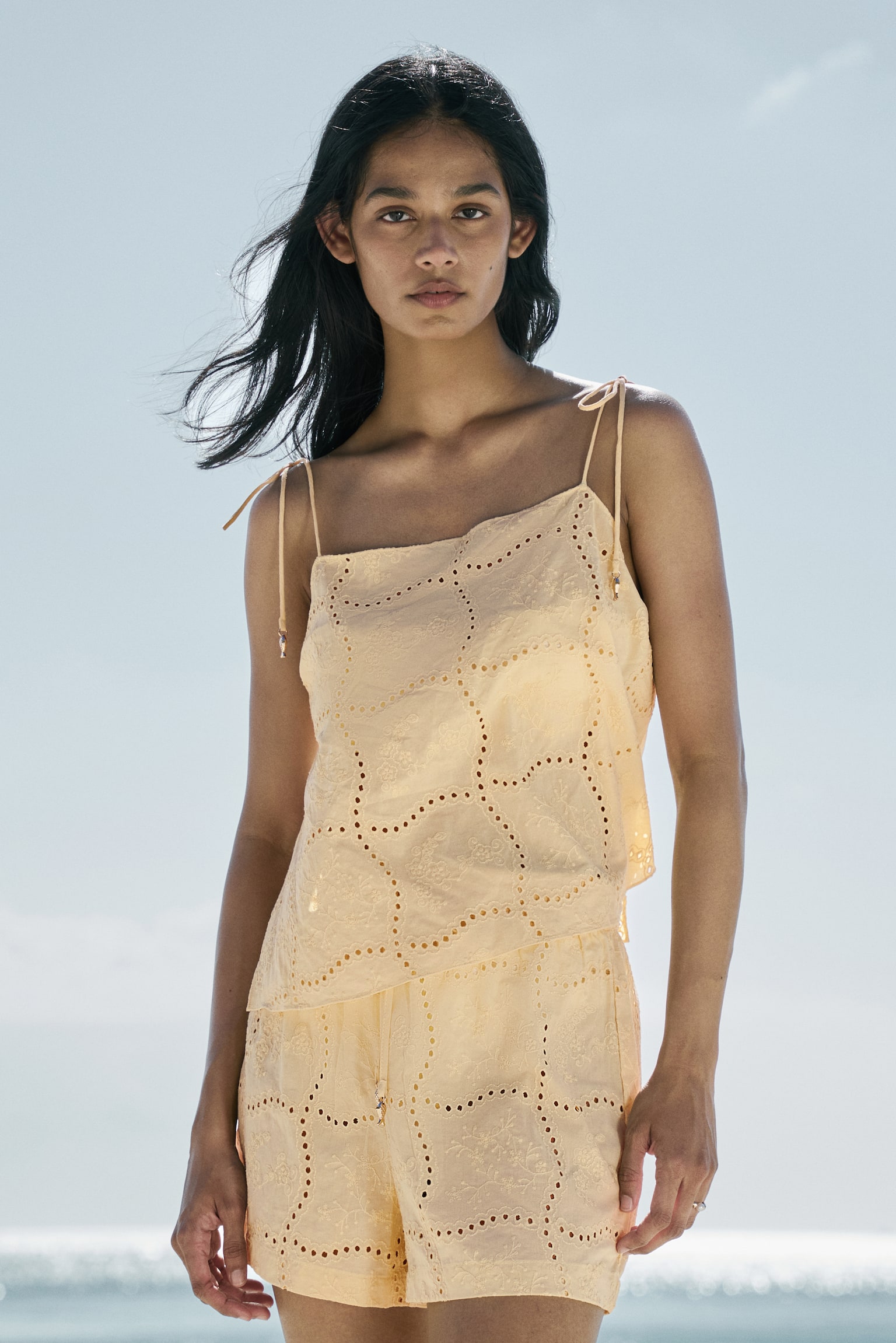 Eyelet-Embroidered Top with Tie Shoulder Straps - Light yellow/Burnt orange - 3