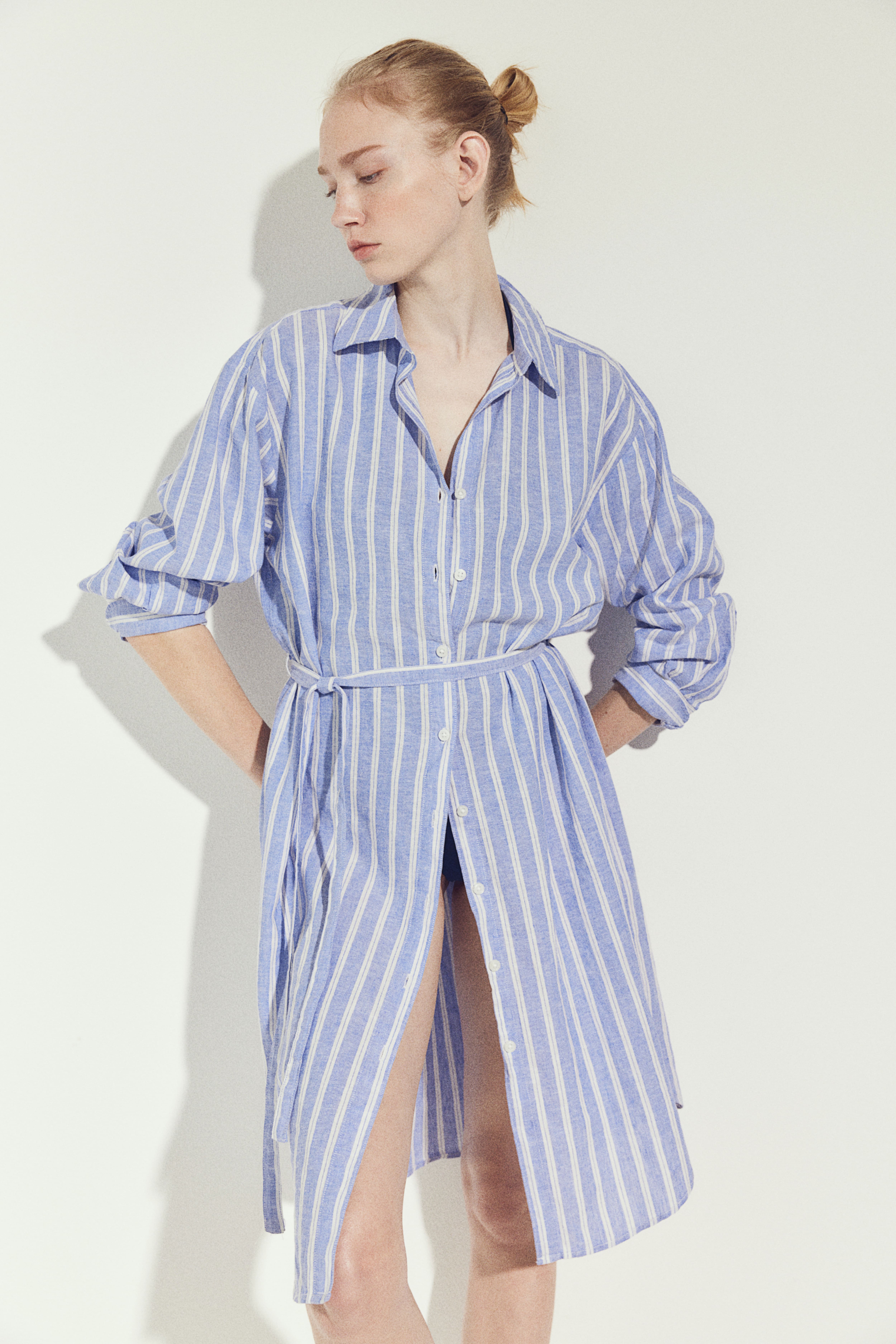 Linen-blend Shirt Dress - Long sleeve - Short - Blue/striped - Ladies | H&M  US