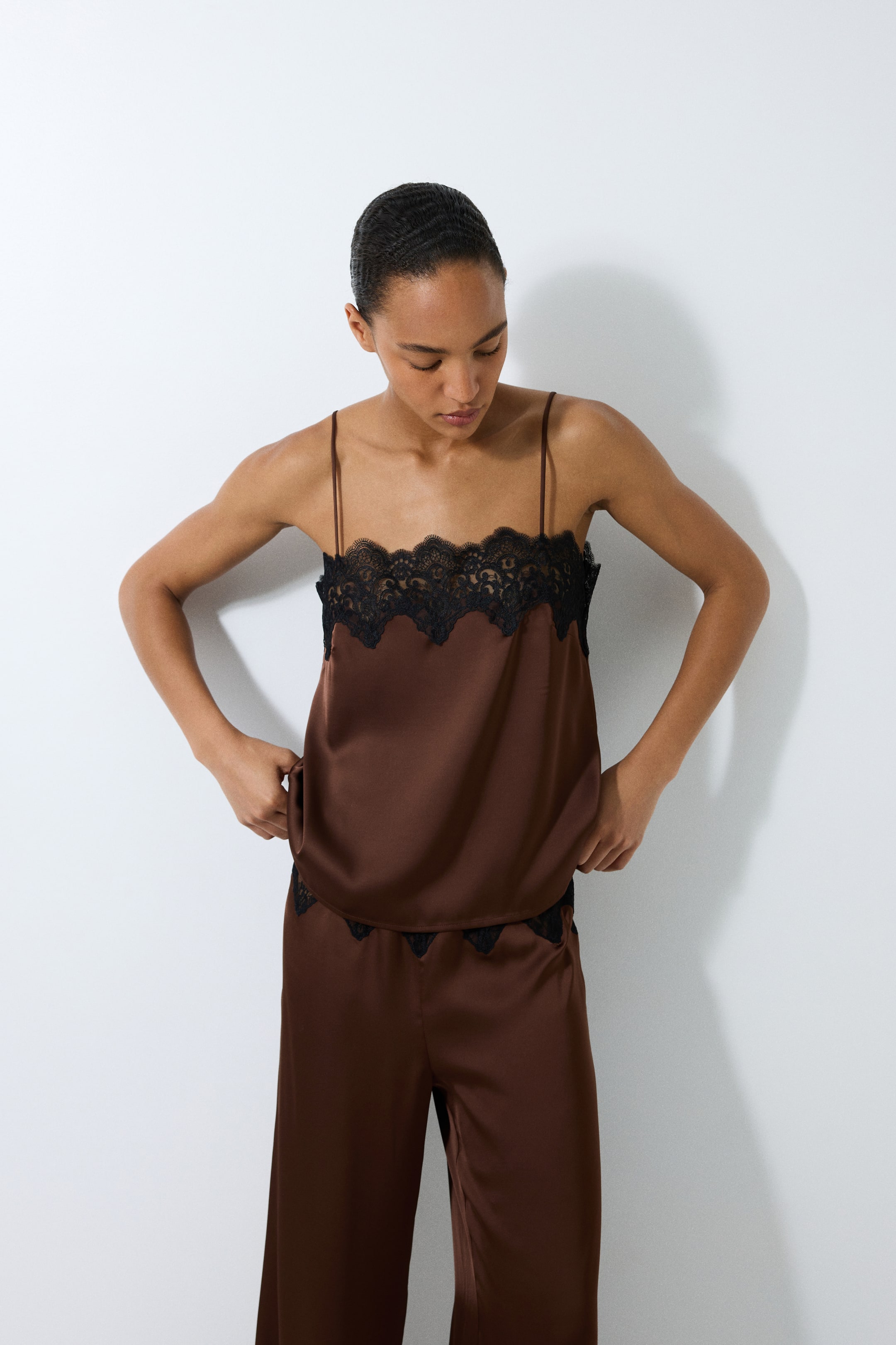 Lace-Trimmed Satin Pajama Top
