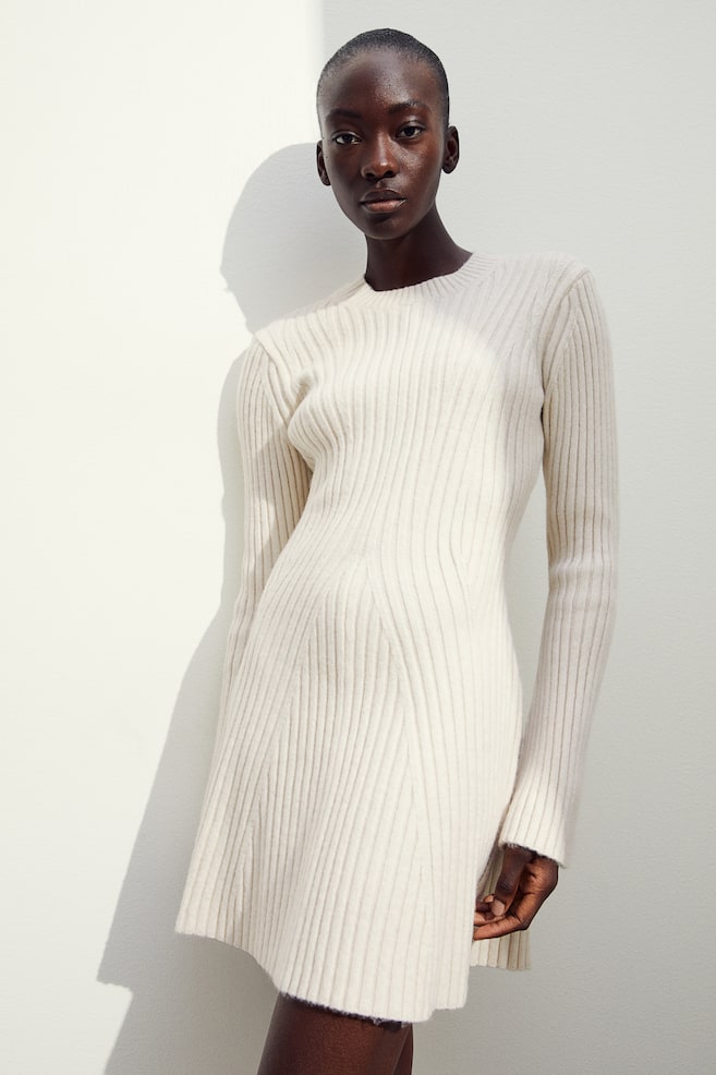 Rib-knit dress - Natural white/Dark grey - 1