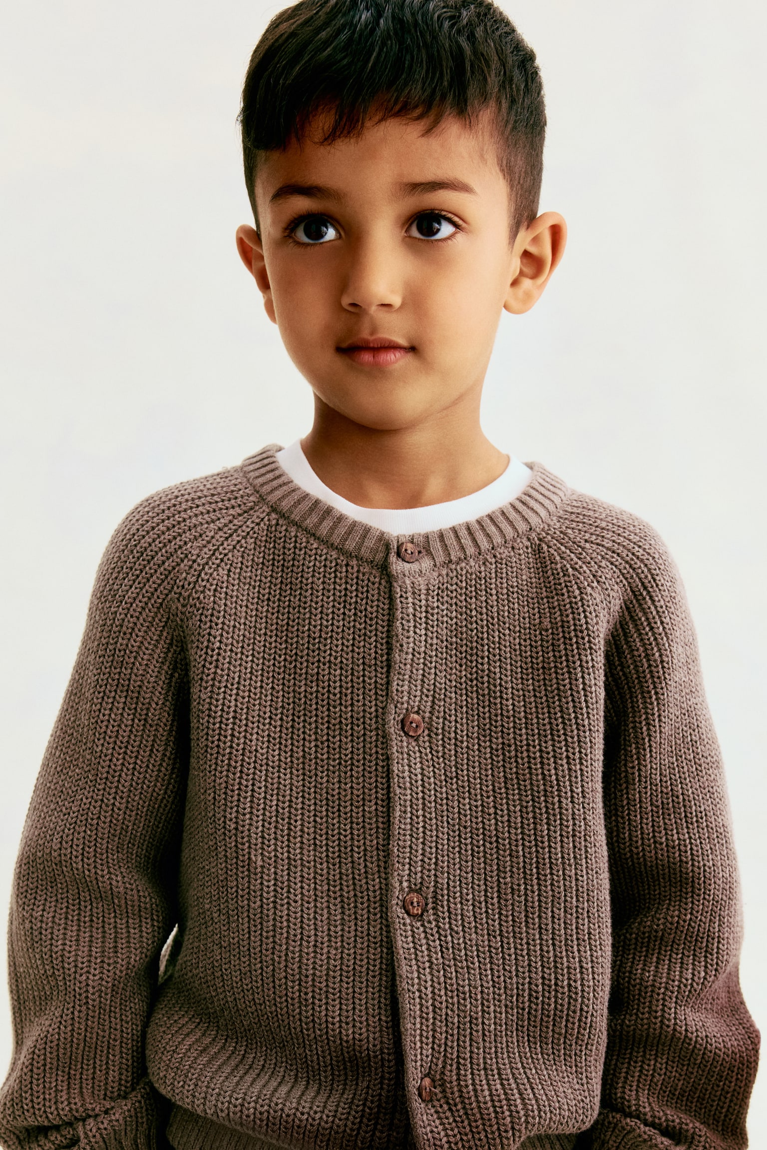 Cotton-knit cardigan - Mole/Light beige - 1