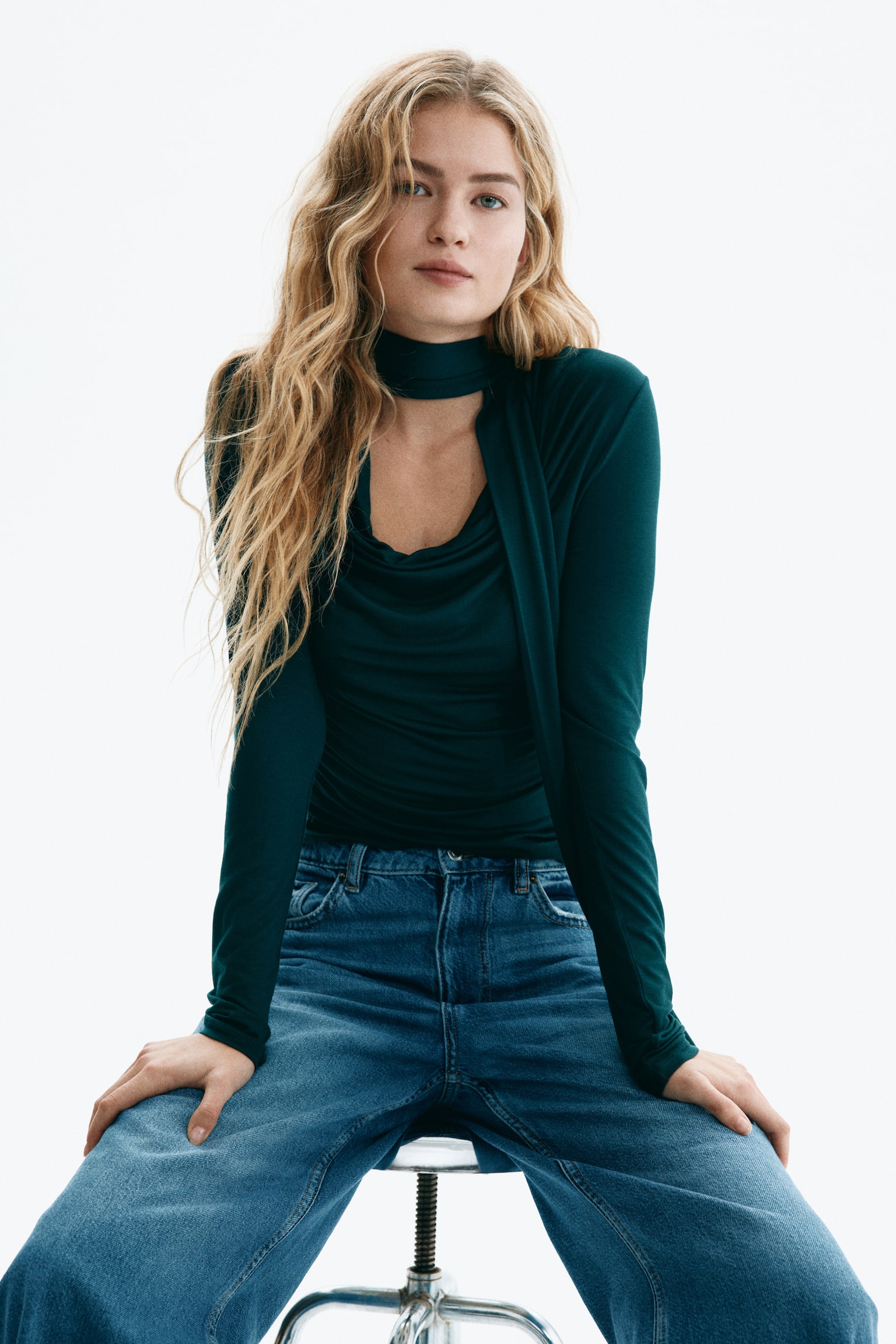 Draperet top med tørklædedetalje - Mørkegrøn/Sort/Mørk beige - 5