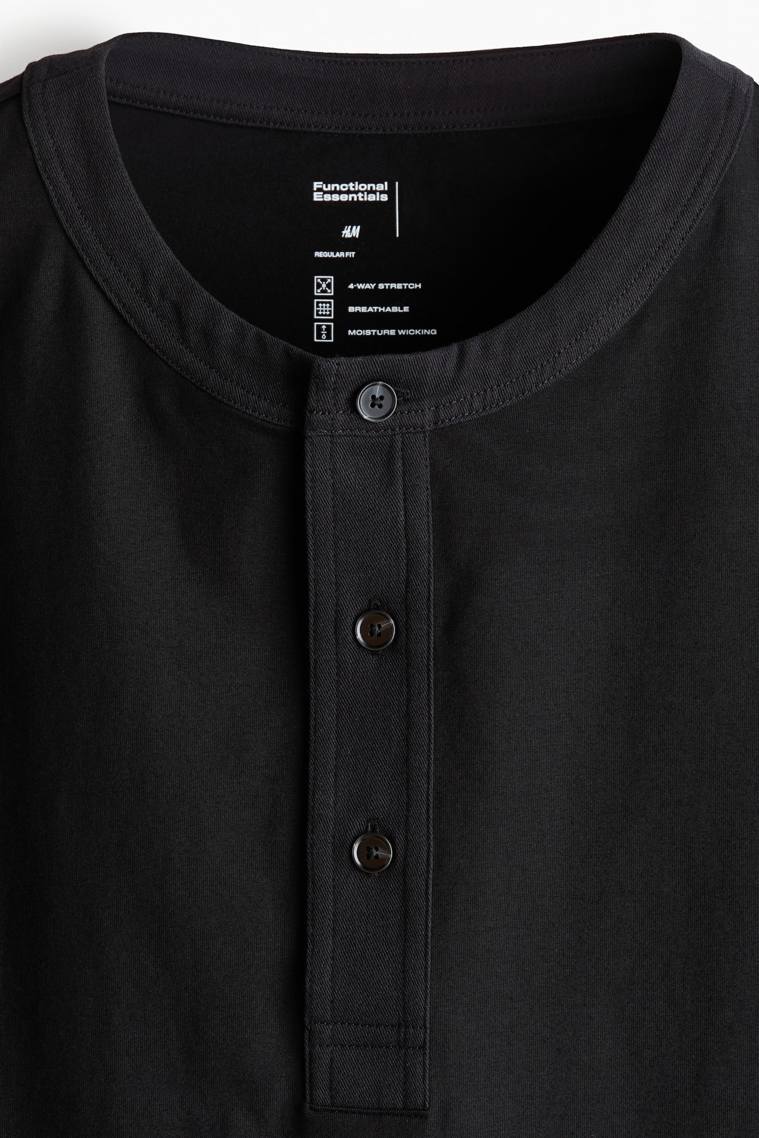 Мужской топ H&M Four-Way Stretch Regular-Fit Henley Top, цвет: Чёрный — фото 10
