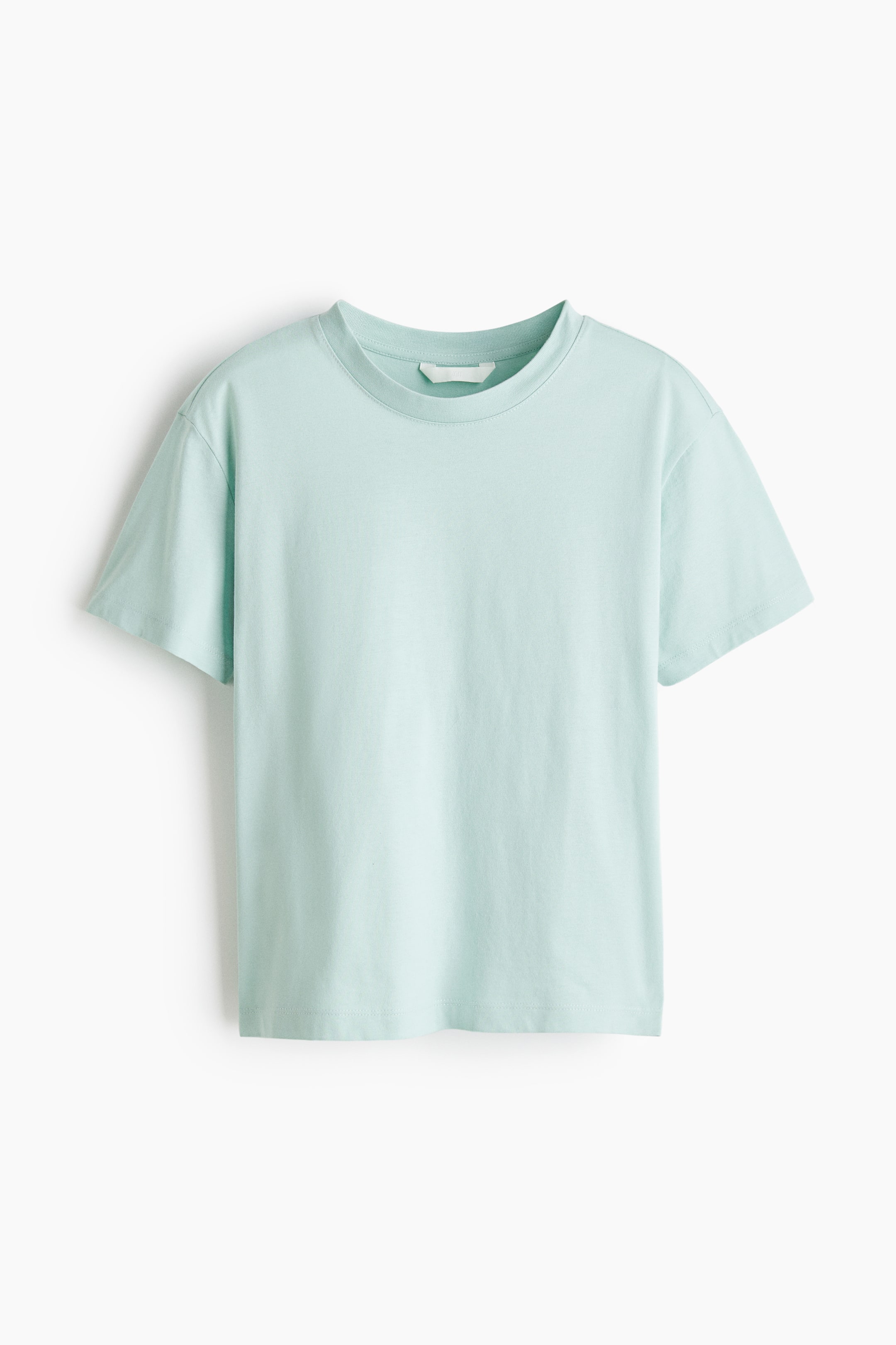 View larger image: Presenting a light mint green straight-cut T-shirt crafted from soft cotton jersey. It features a round, rib-trimmed neckline and gently dropped shoulders, offering a comfortable and stylish fit.
