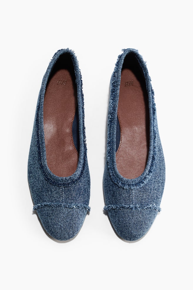 Baumwollballerinas mit Fransen - Denimblau/Hellbeige - 1