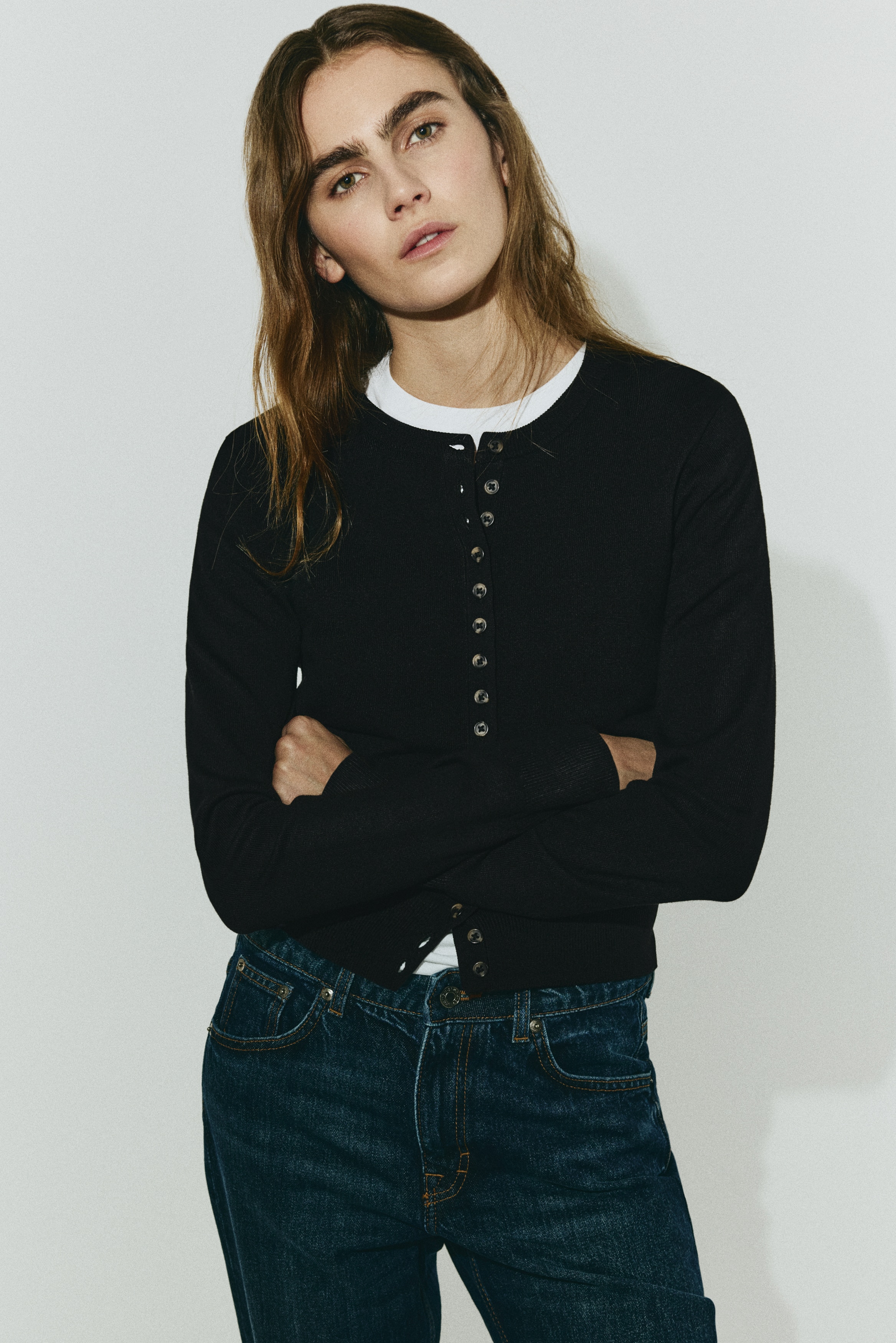 Cardigan in maglia fine - Nero/Beige