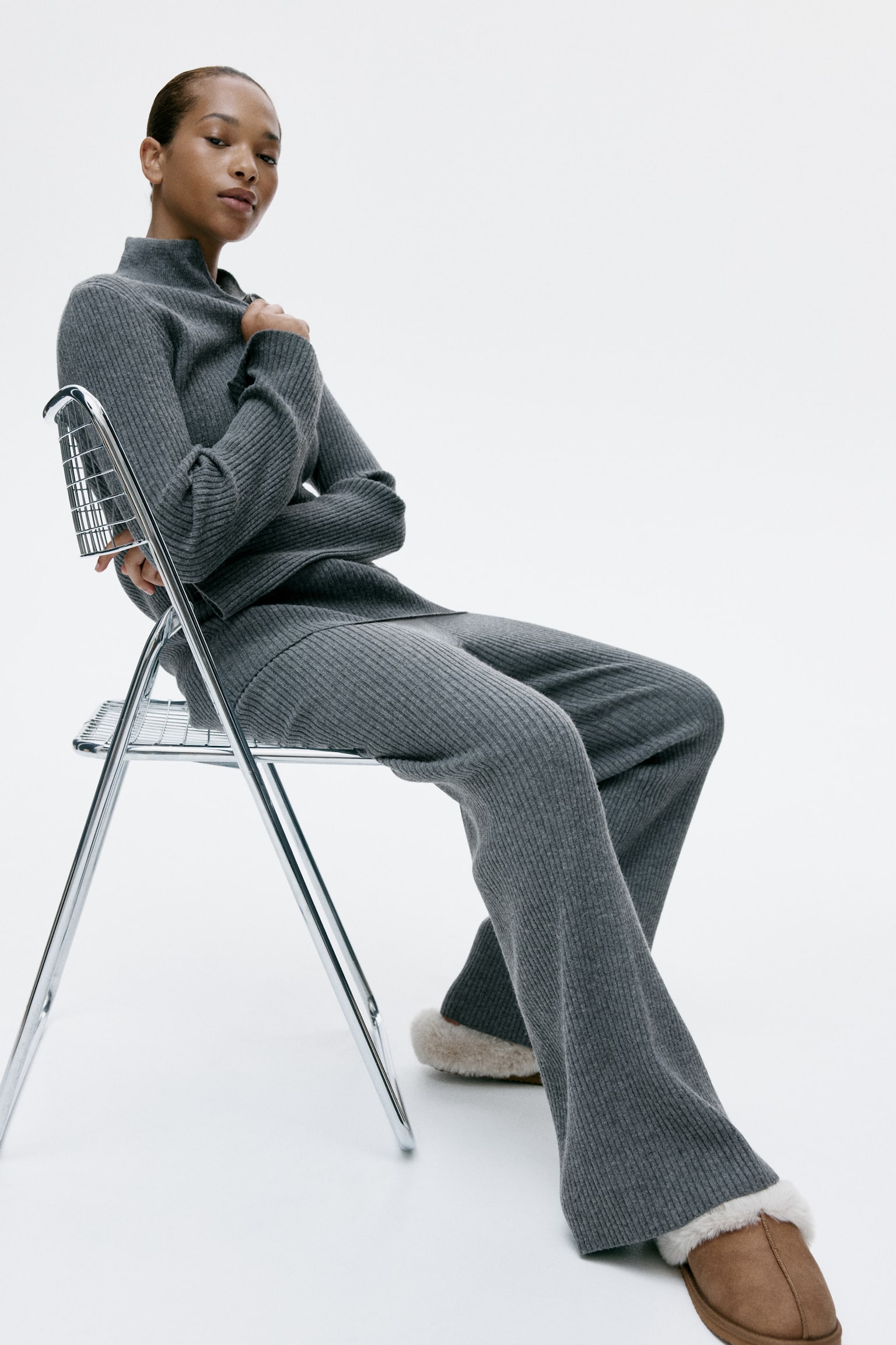 Rib-knit zip-top jumper - Grey marl/Dark brown - 3