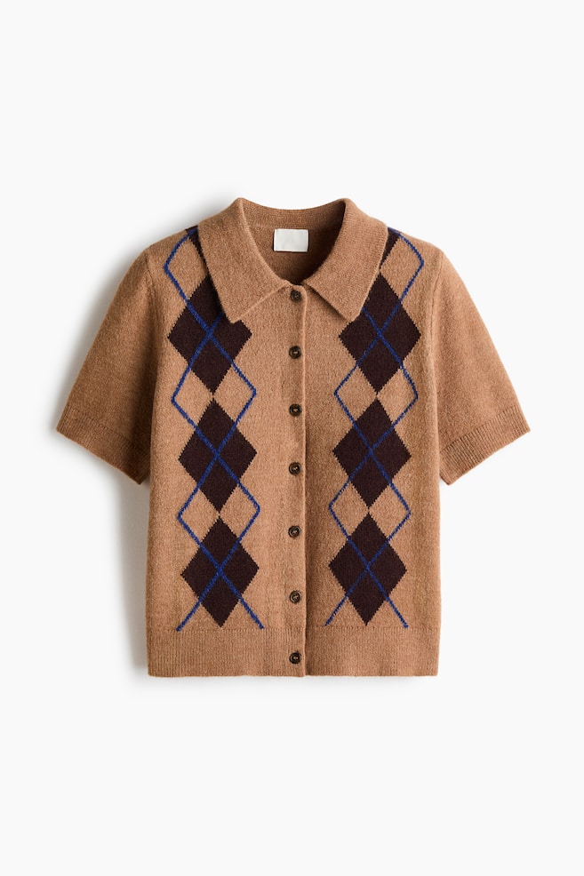 Cárdigan con cuello - Beige oscuro/Diseño de rombos - 1