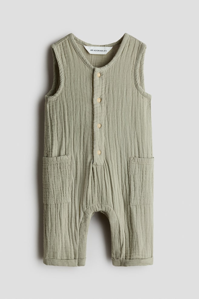 Cotton Muslin Romper Suit - Khaki green/Light blue/Orange - 1
