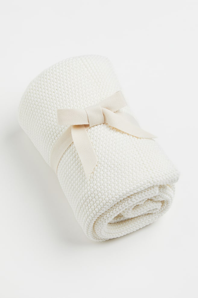 Moss-stitched cotton blanket - White/Light beige - 1