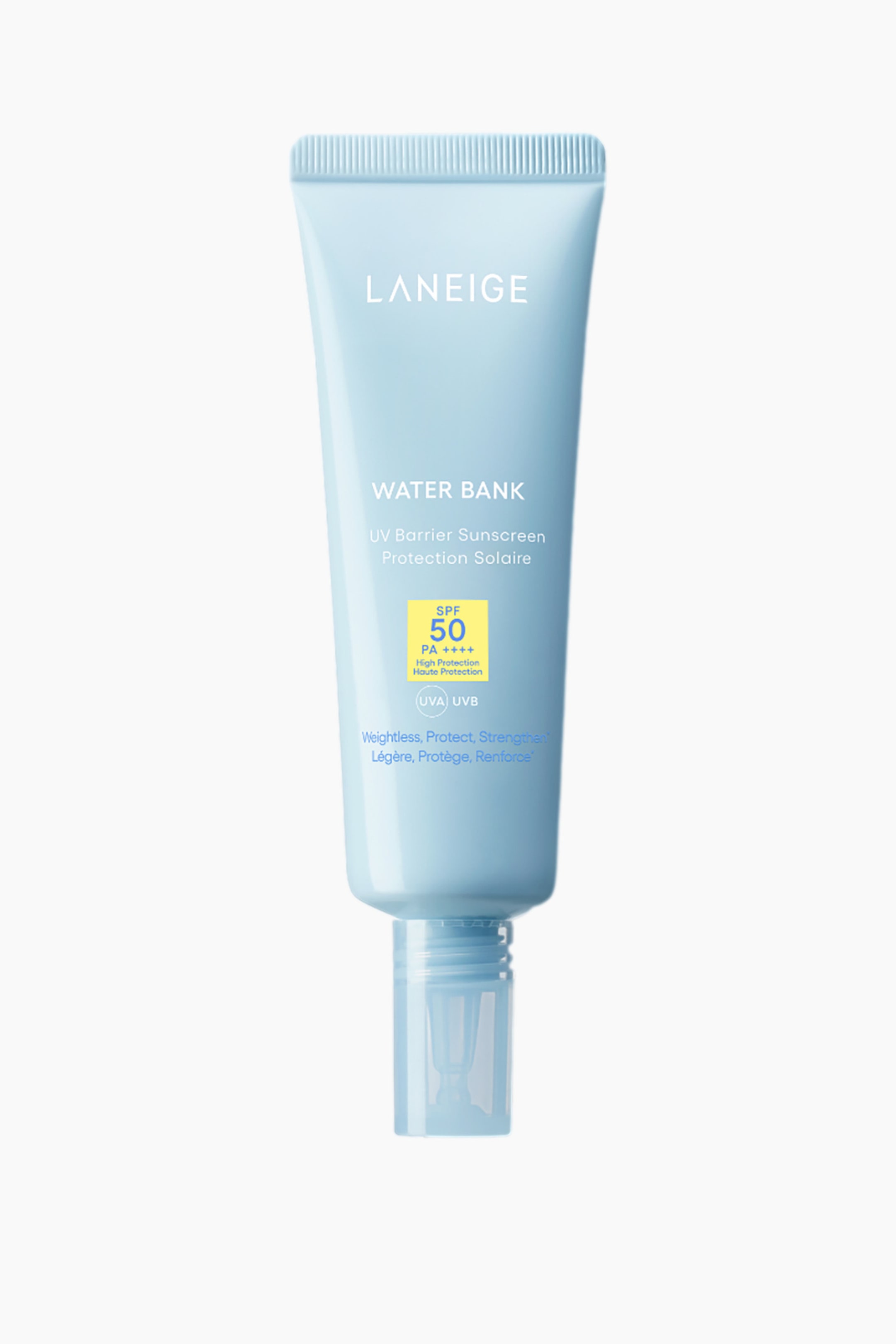 Näytä suurempi kuva: Vaaleansininen Laneige Water Bank UV Barrier Sunscreen -tuubi seisoo pystyasennossa, eteenpäin suunnattuna. Tuubissa on näkyvissä uurrettu, sinetöity yläosa, läpinäkyvä kierrekorkki pohjassa sekä teksti, joka sisältää "LANEIGE", "WATER BANK" ja keltainen neliö, jossa lukee "SPF 50 PA++++."