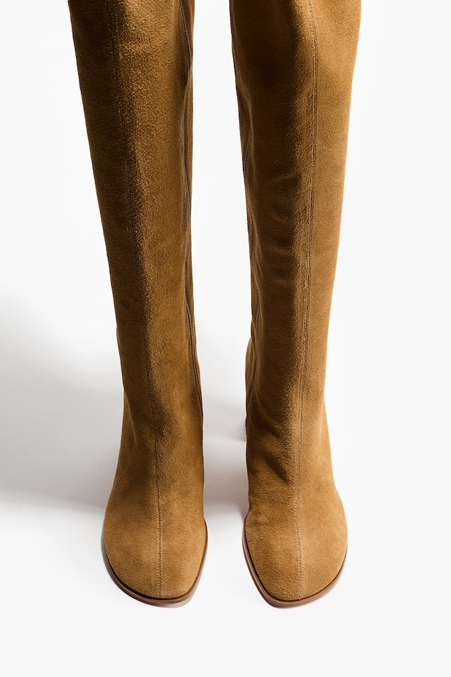 Over-the-Knee Split Suede Boots - Beige - 5