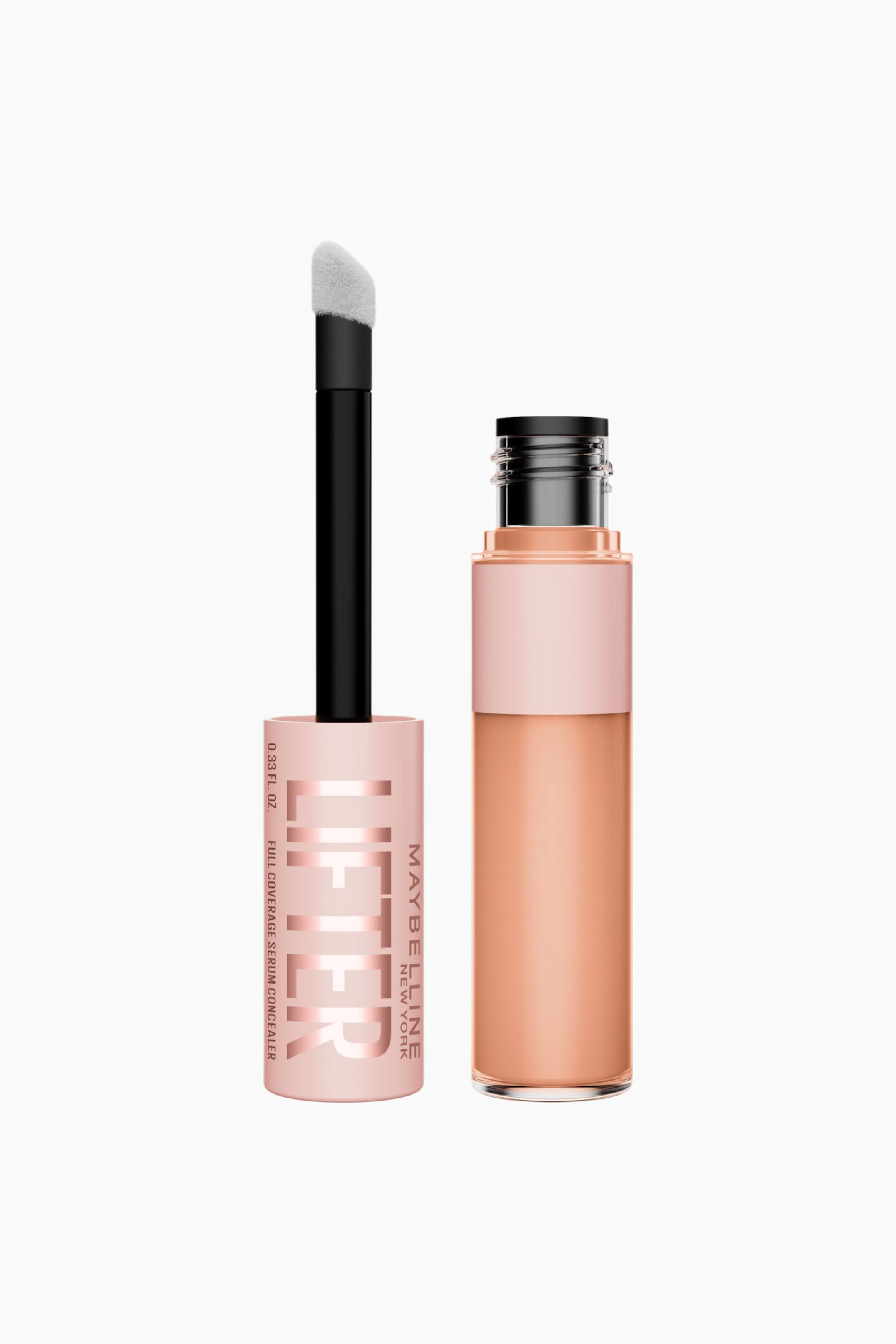 Näytä suurempi kuva: Peitevoideputkilo ja sen irrotettu aplikaattori seisovat pystyssä, eteenpäin suunnattuina. Läpinäkyvä putkilo sisältää persikkaoranssia nestettä ja siinä on vaaleanpunainen etikettinauha, jossa lukee "LIFTER" ja "MAYBELLINE NEW YORK" ruusukultaisena, kun taas aplikaattorissa näkyy musta varsi ja valkoinen, vino, pehmeä doe-foot-kärki.