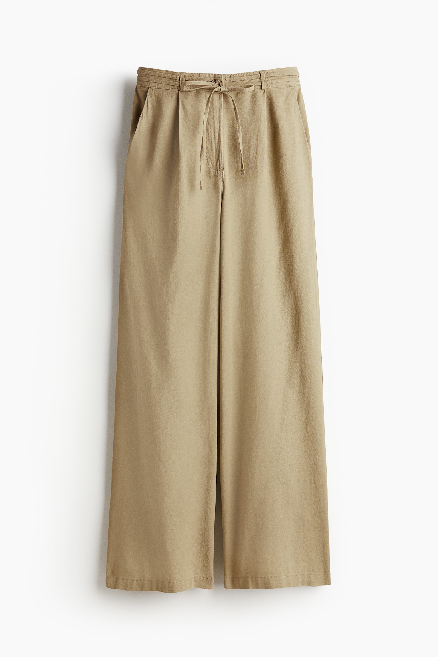 Linen Blend Tie Belt Pants - Beige/Black - 2