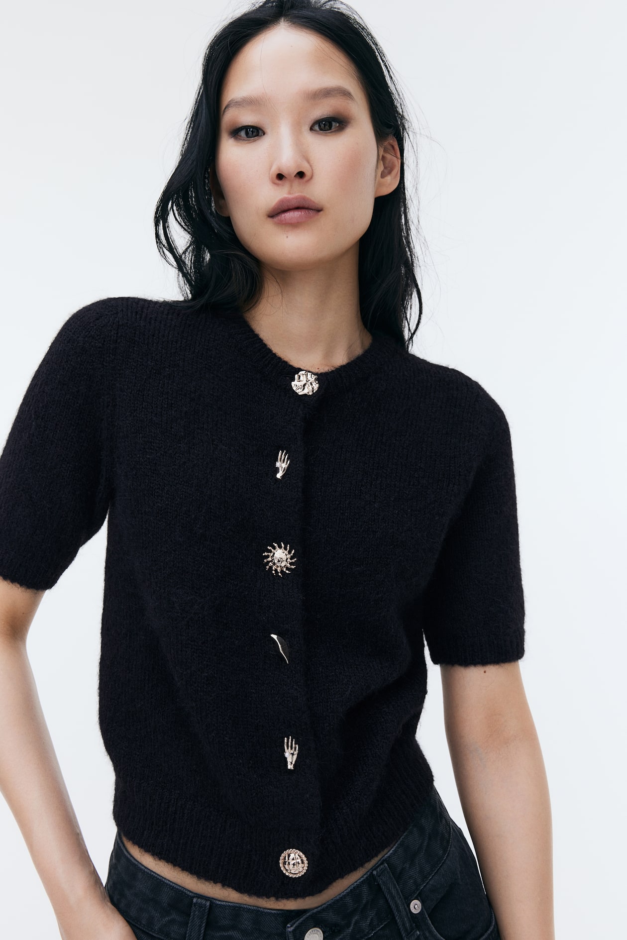 Button-detail knitted cardigan Black Ladies H&M