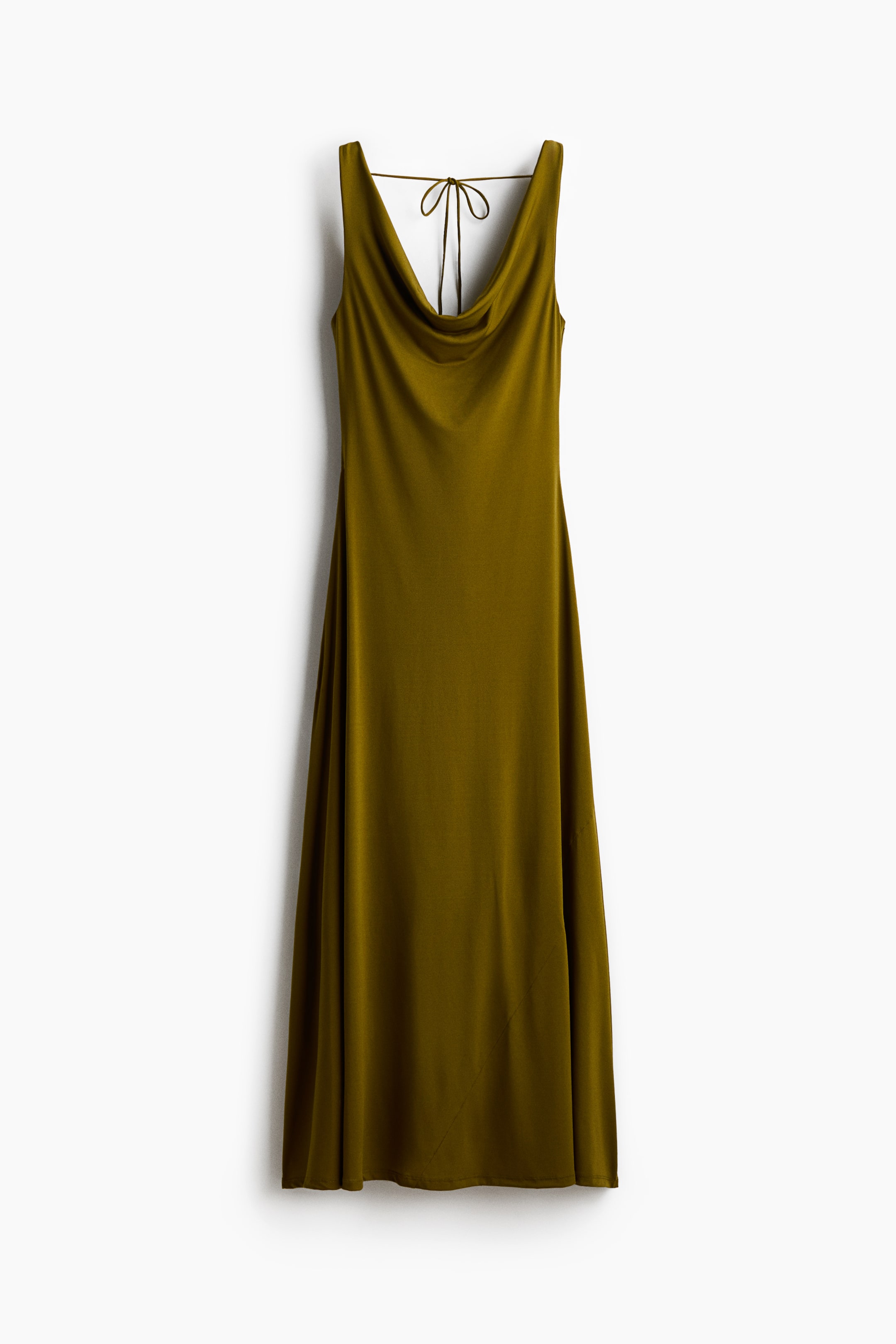 View larger image: An olive green maxi dress showcasing a cowl neck at the front along with slender shoulder straps. The dress highlights a tied detail at the upper back, crafted from a smooth, flowing fabric.