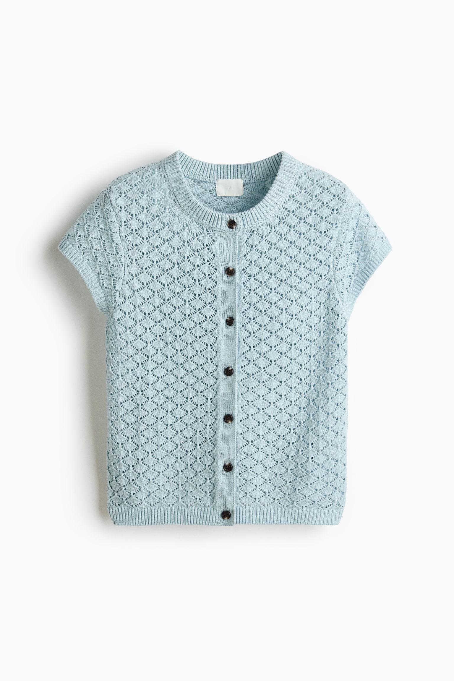 Cap-sleeved pointelle-knit cardigan - Dusty blue/Brown/Light beige - 2