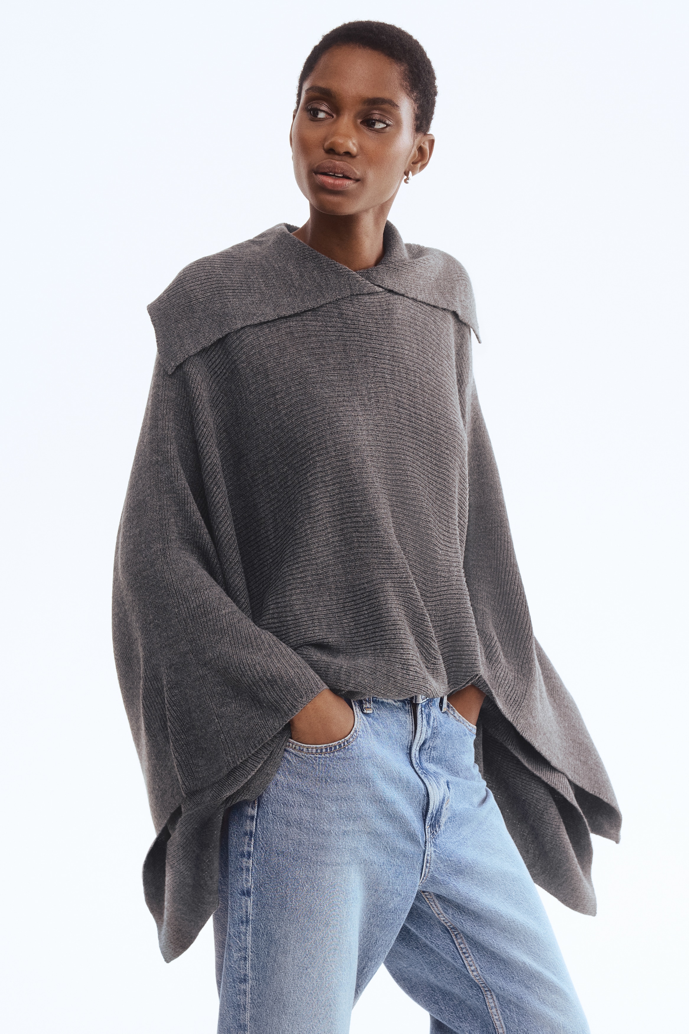 Femme - Cape en maille côtelée Gris foncé chiné - Size: M  - H&M