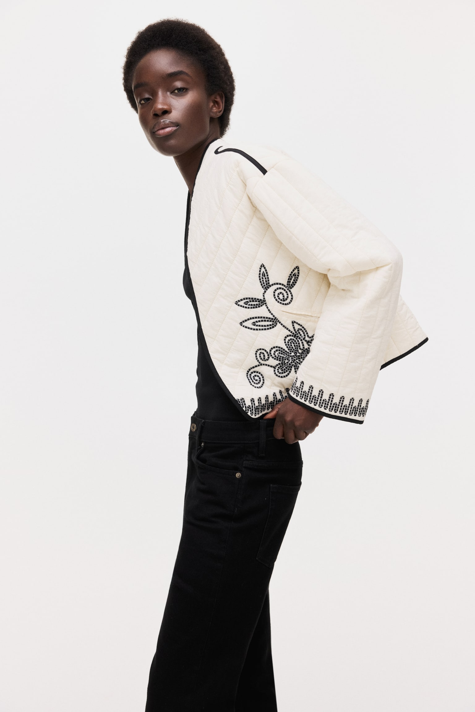 Embroidered cotton jacket - Cream - 1