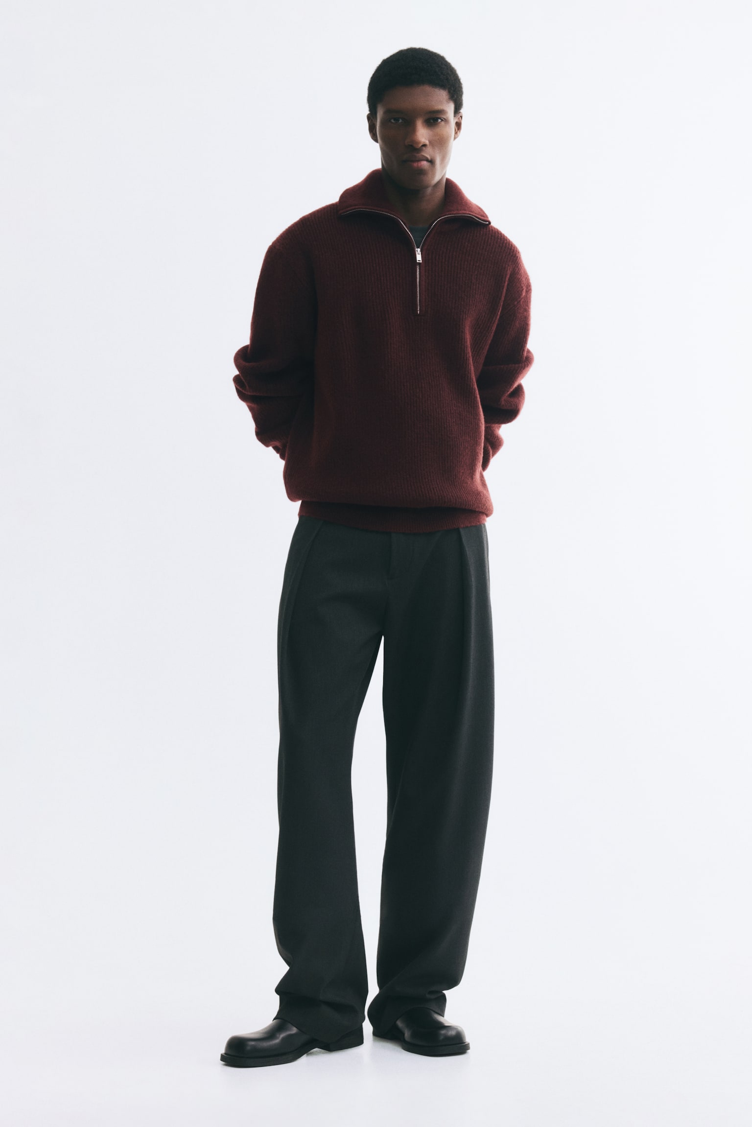 Мужской свитер H&M Relaxed-Fit Half-Zip Rib-Knit, цвет: Бордовый — фото 3