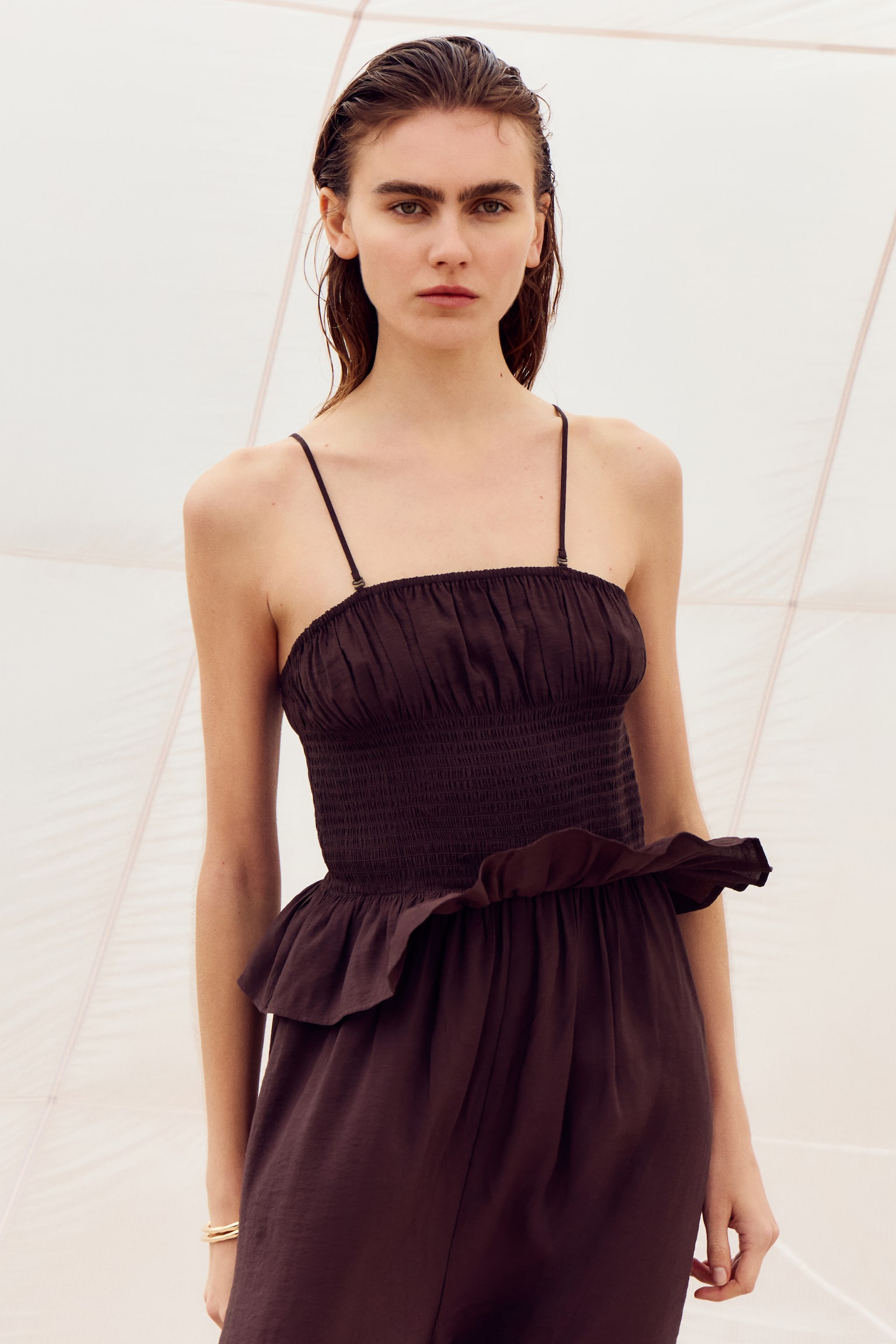Frill-trimmed bandeau jumpsuit - Dark brown - 4