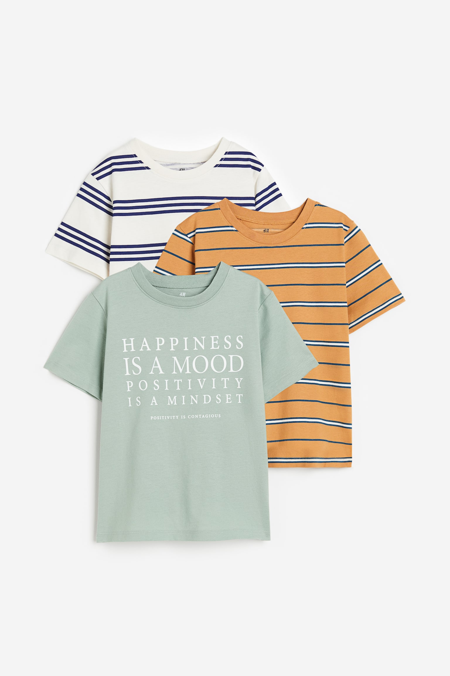 3-pack Print Tees - Sage green/Stripe/White/Squeeze The Day/Yellow/Always Be Kind/Dark blue/Dinosaurs - 1