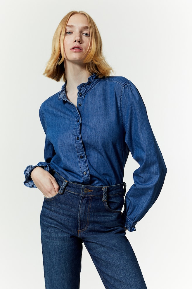 Frill-trimmed denim blouse - Denim blue - 3