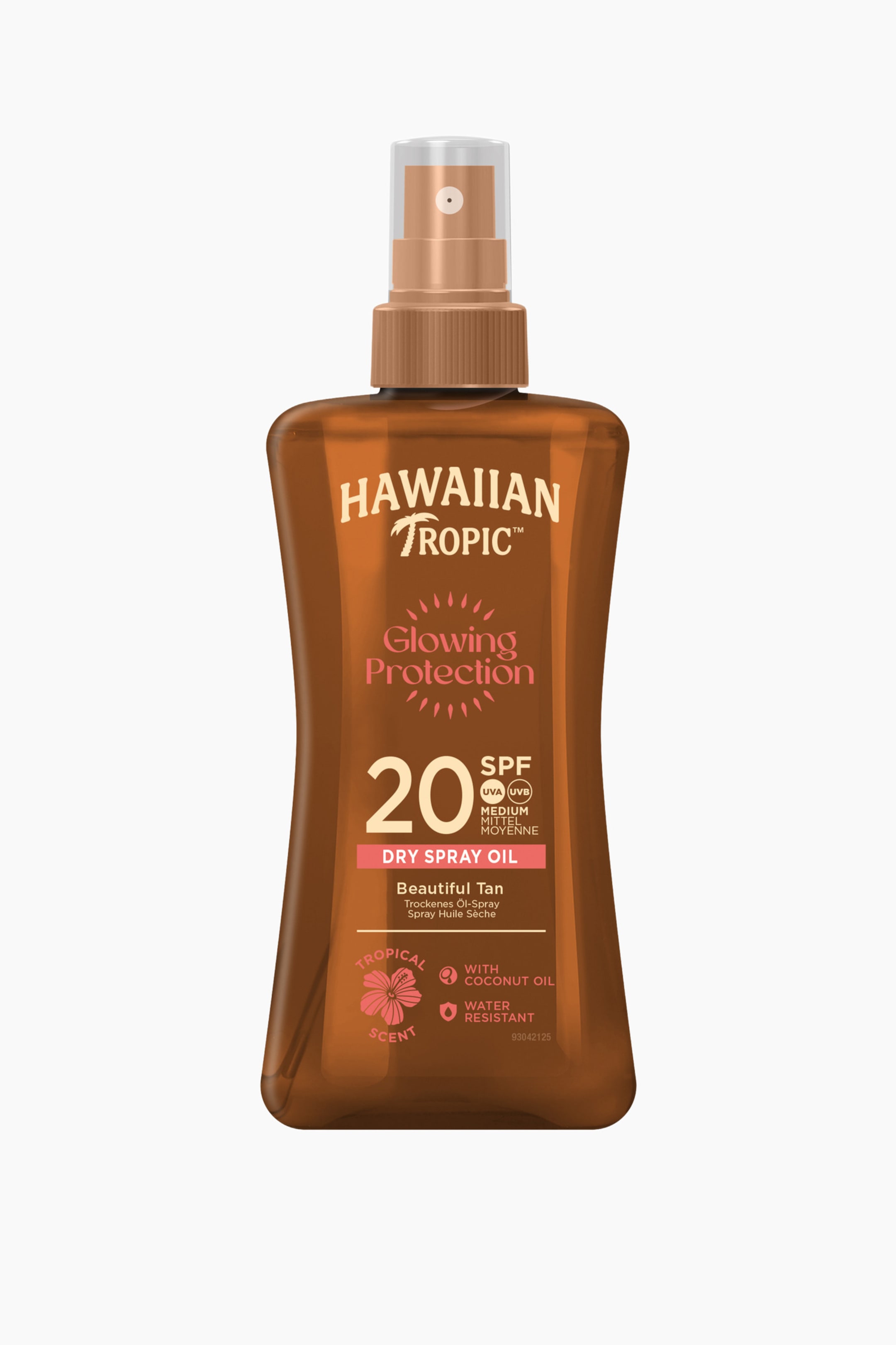Se større billede: Hawaiian Tropic Glowing Protection Dry Spray Oil præsenteres i en formet brun flaske med en bronze spraypumpe og gennemsigtigt låg, vendt fremad. Dens forsideetiket viser "Hawaiian Tropic"-branding, "Glowing Protection" med en solstråle, "SPF 20," "Dry Spray Oil," "Beautiful Tan," "Tropical Scent" med en hibiscusblomst grafik, og ikoner der angiver "Med Kokosolie" og "Vandafvisende."