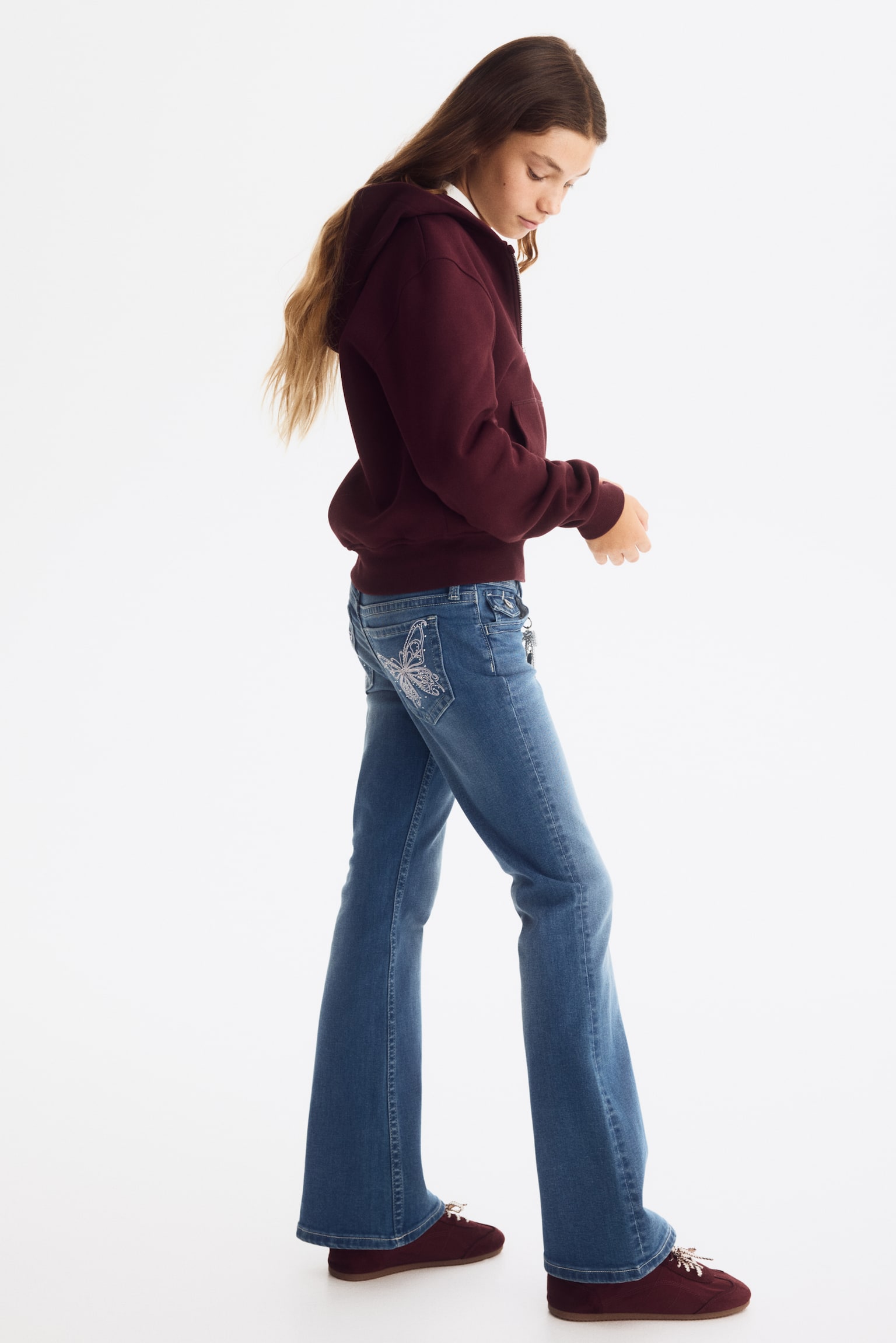 Embroidery-detail Flared Leg Low Jeans - Denim blue/Dark denim blue/Light denim blue/Light denim grey - 1