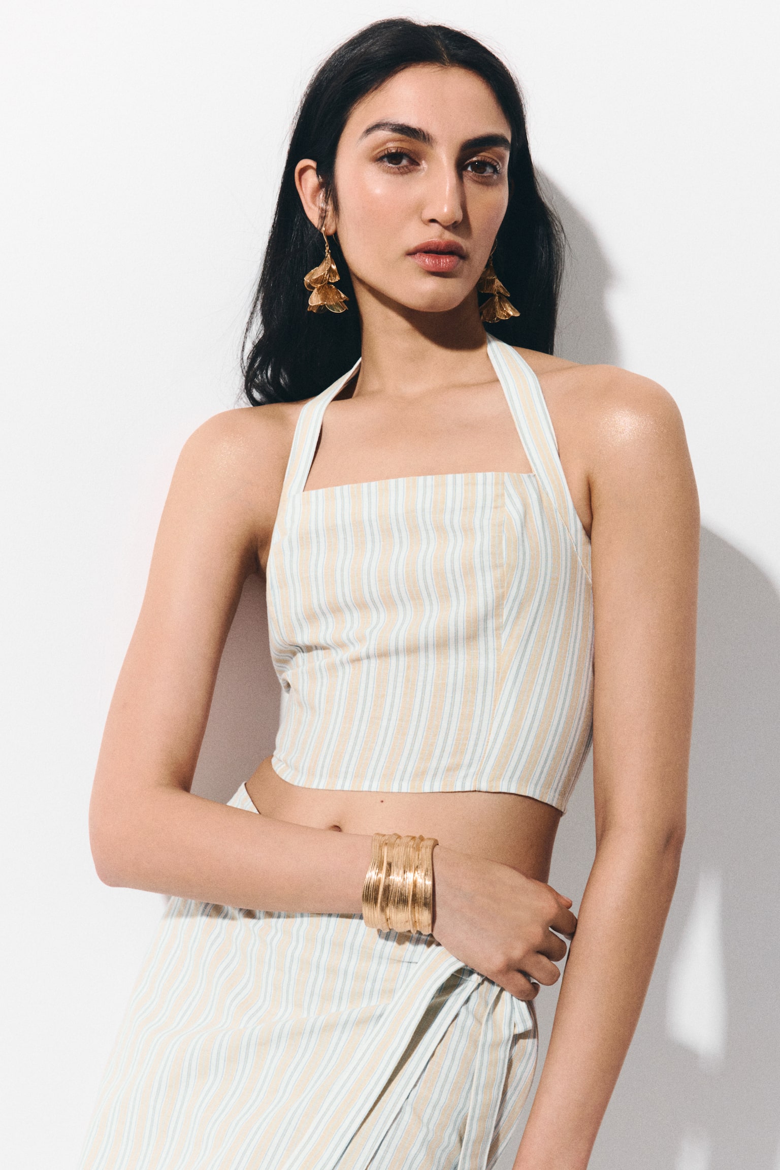 Top halter en mezcla de lino - Beige claro/Franjas/Crema/Diseño - 1