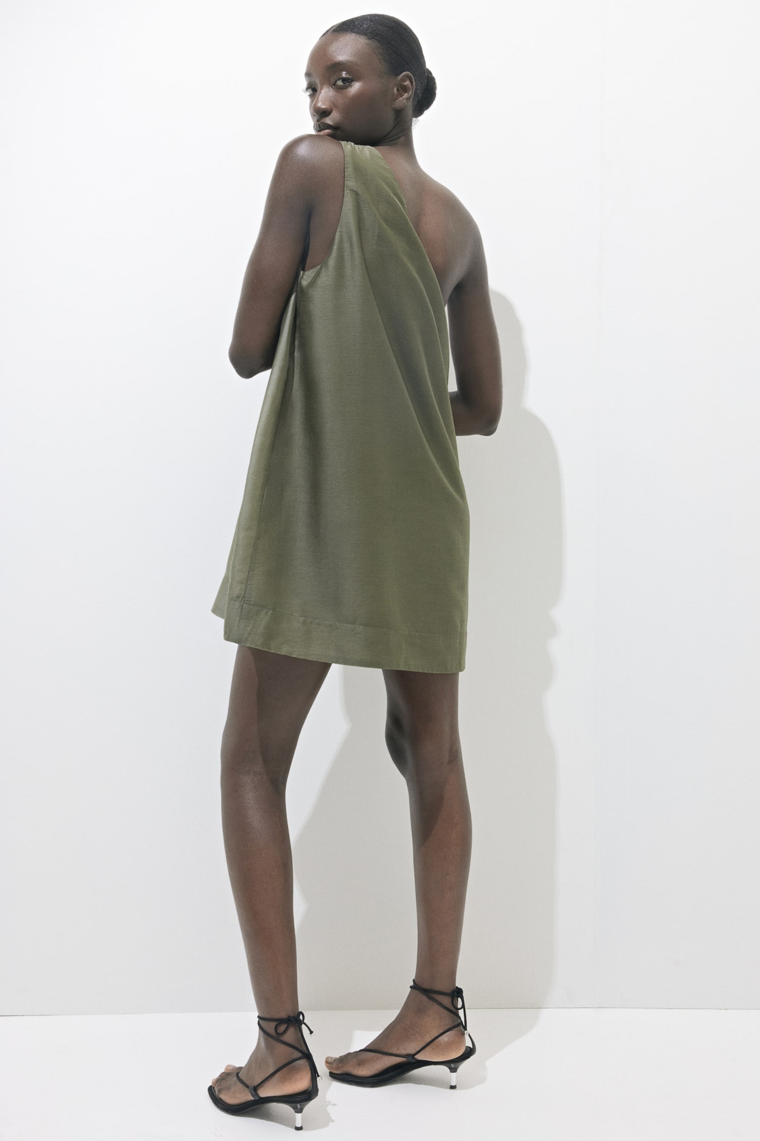 Lyocell Blend One Shoulder Dress - Dark khaki green/Rust orange - 7