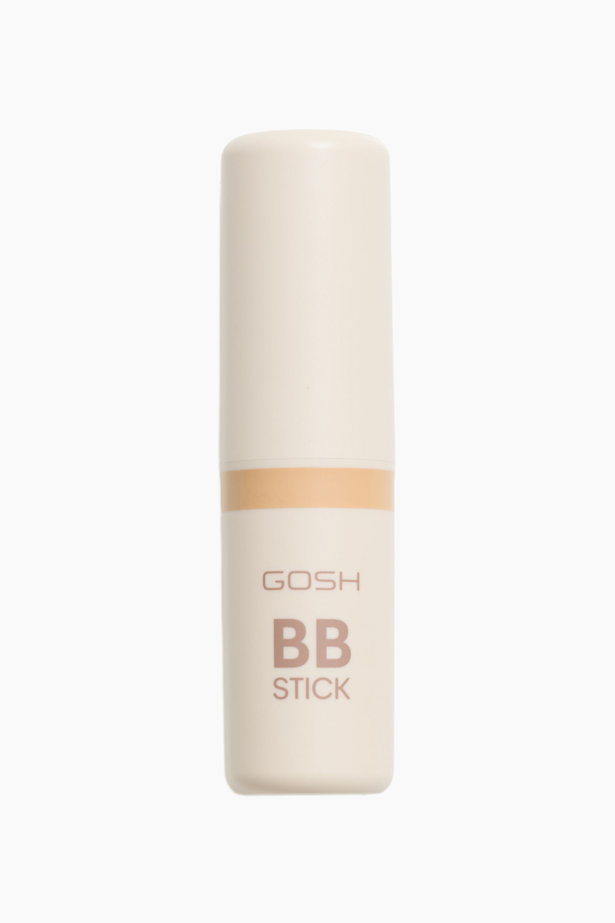 Vis større bilde: En GOSH BB-stick står oppreist, med en kremfarget beige sylinderformet kropp og et horisontalt ferskenbeige bånd rundt midten. Ordene "GOSH BB STICK" er trykt på forsiden.