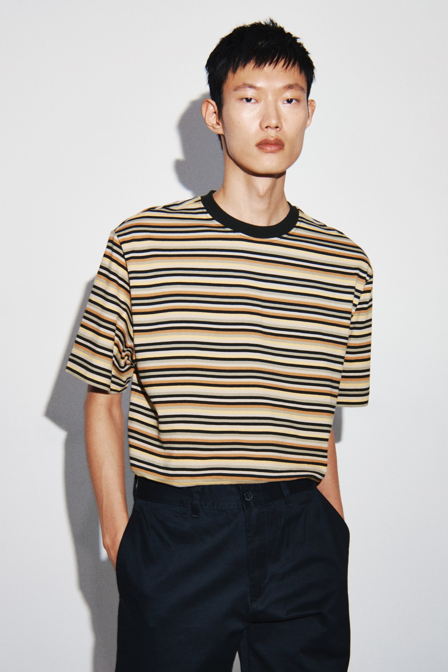Cotton T-Shirt - Black/striped/White/striped/Orange/striped - 2