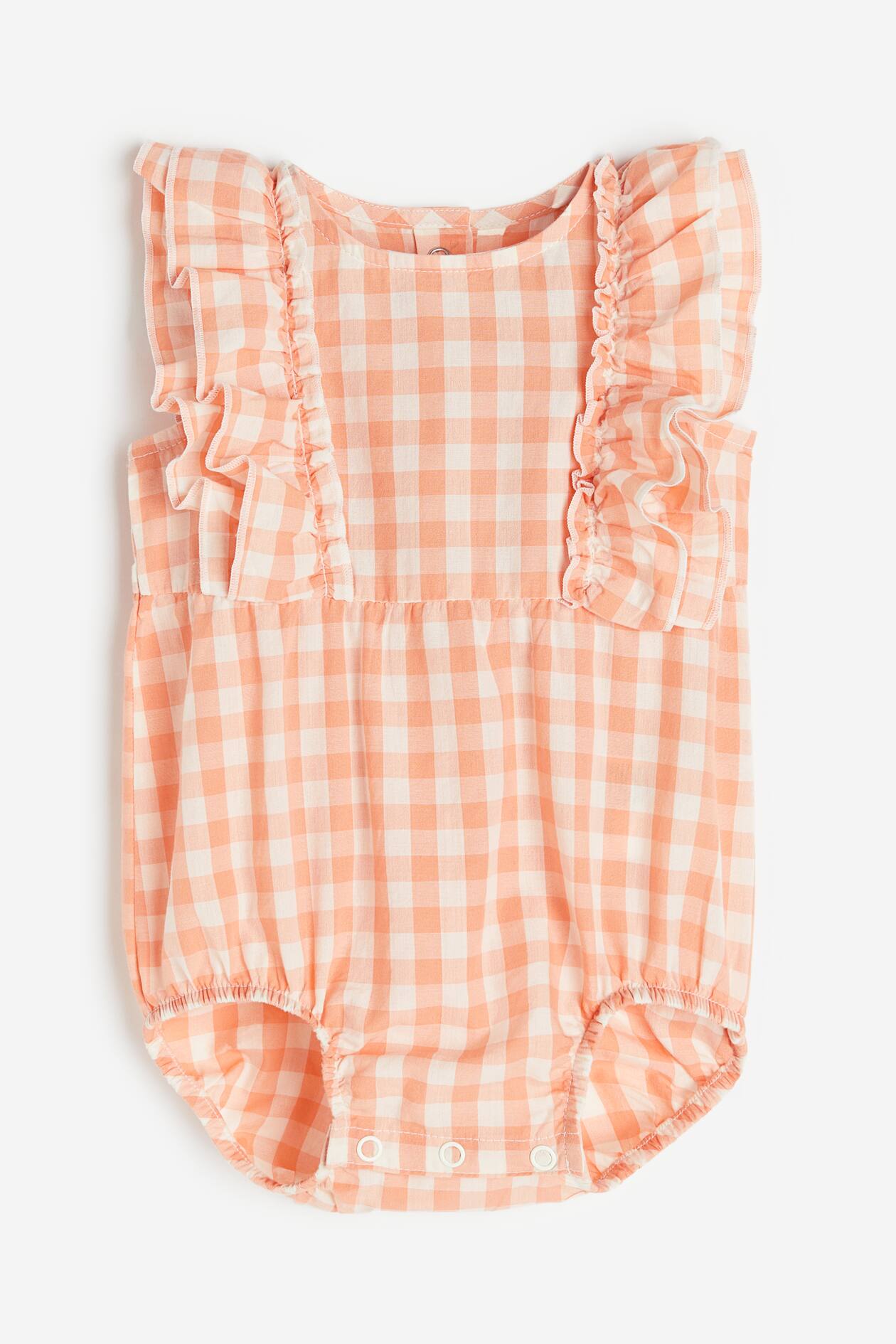 Ruffletrimmed Romper Suit Round Neck Sleeveless Apricot/gingham