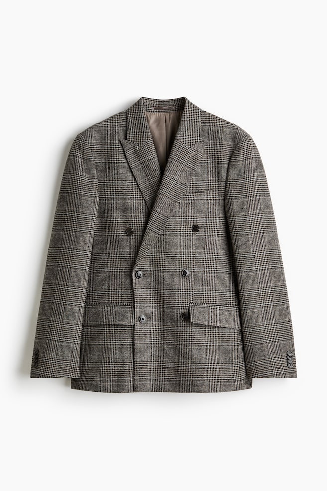 Regular Fit Wool Blend Double Breasted Jacket - Brown/Check - 1