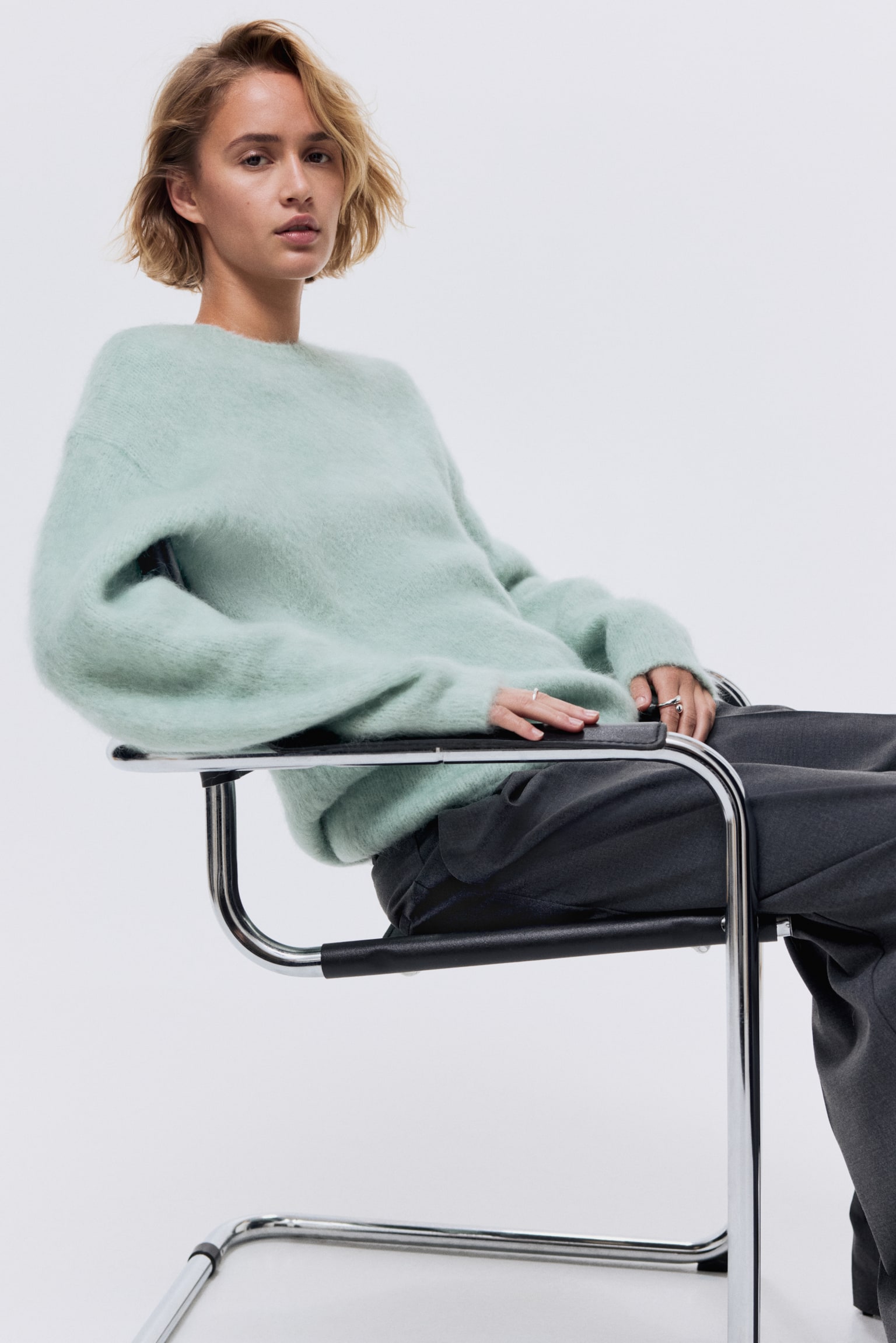 Mohérkeverék pulóver - Mentazöld/Krémszínű/Szürke melír - 6