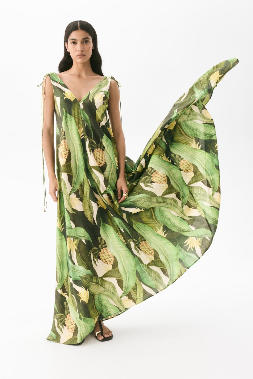 Green Maxi Dresses Long, Floral, Satin Tiered H&M US
