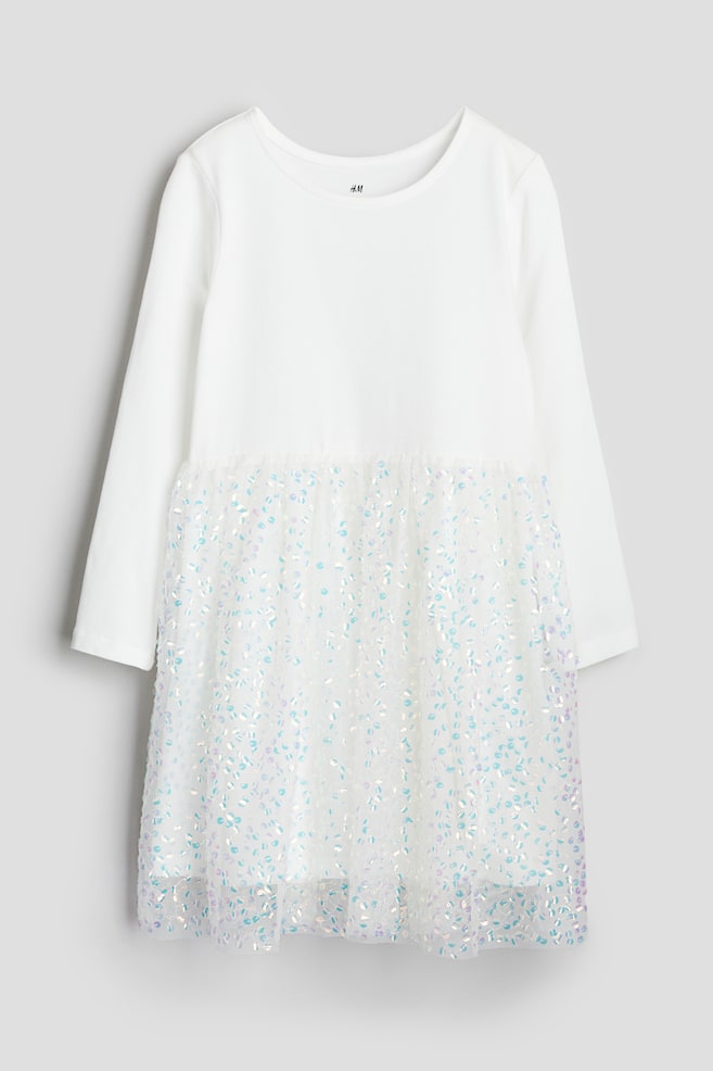 Sequin-skirt jersey dress - White/Light pink/Rainbow-striped - 1