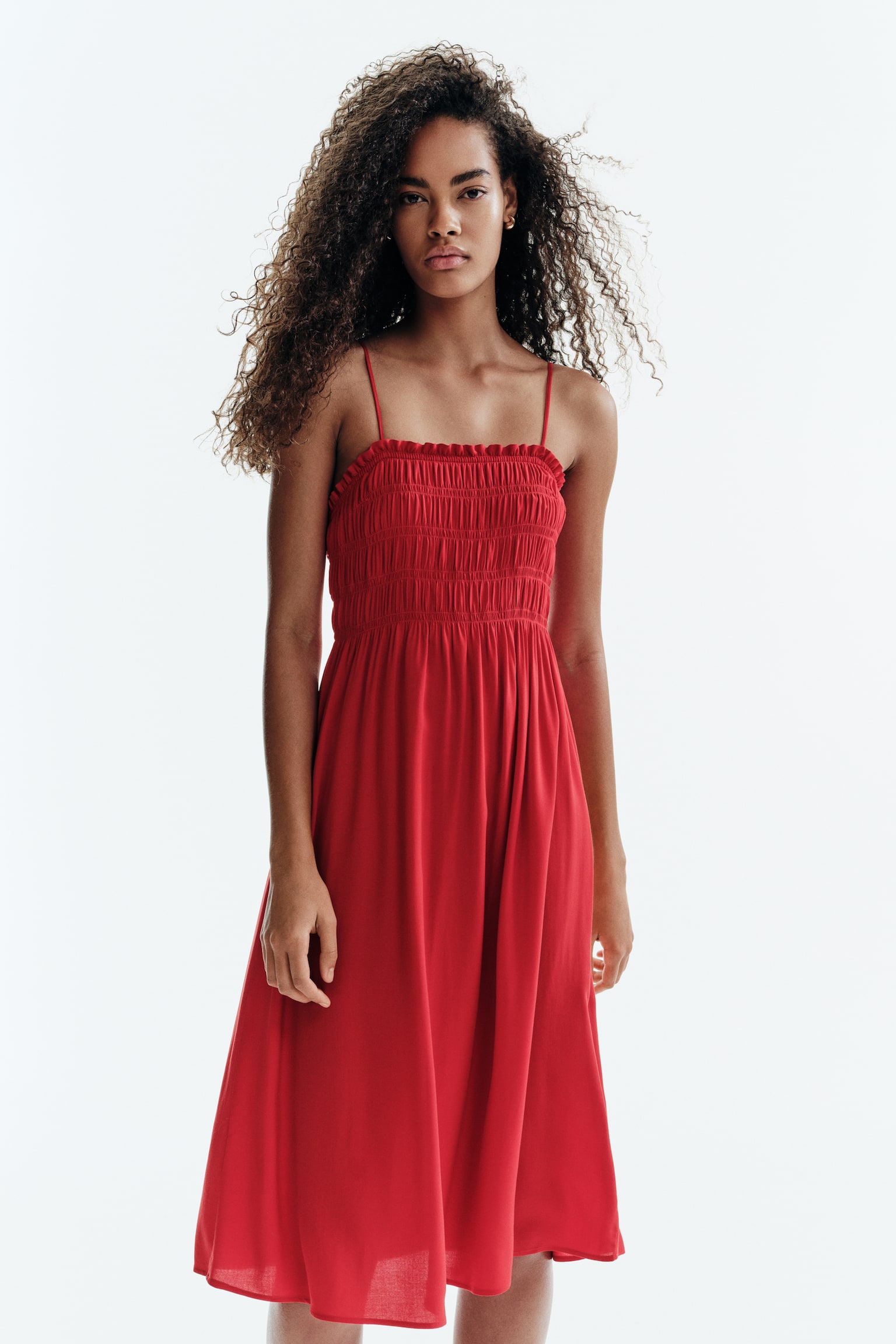 Smocked strappy dress-Red - 1