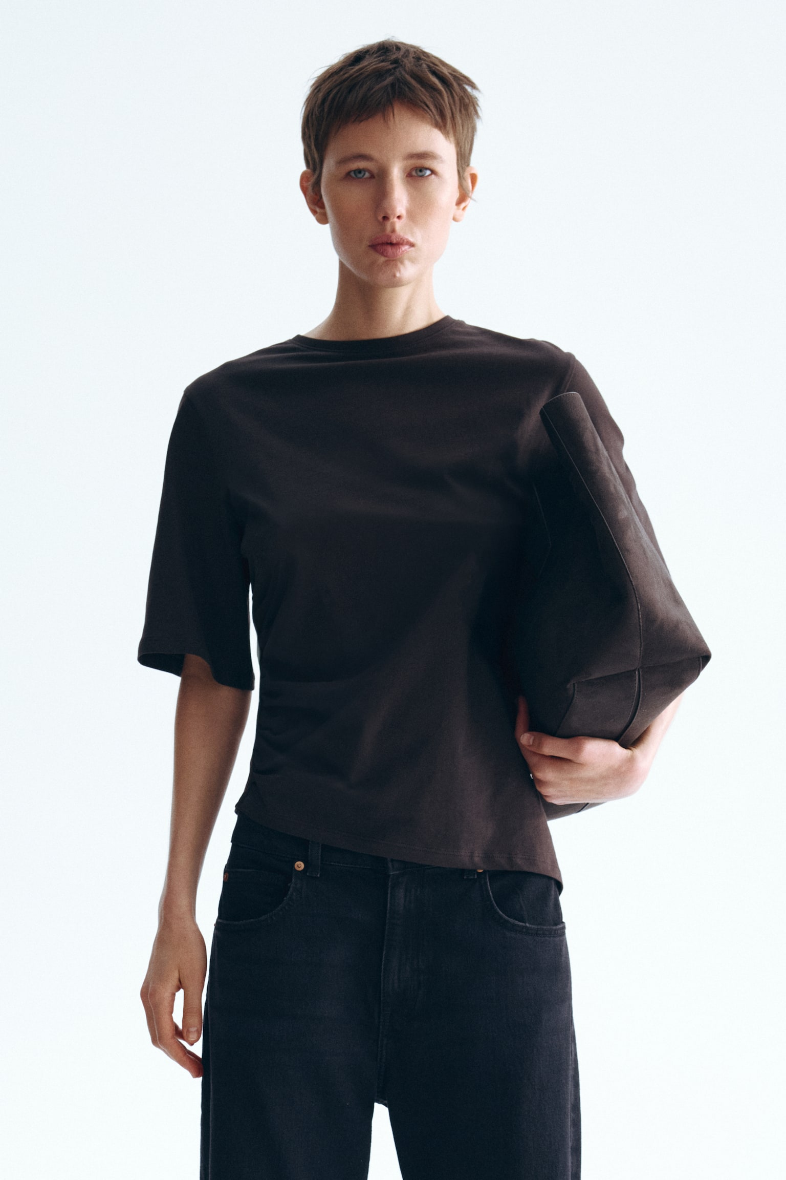 Draped T-shirt - Dark brown/White/Light yellow - 6