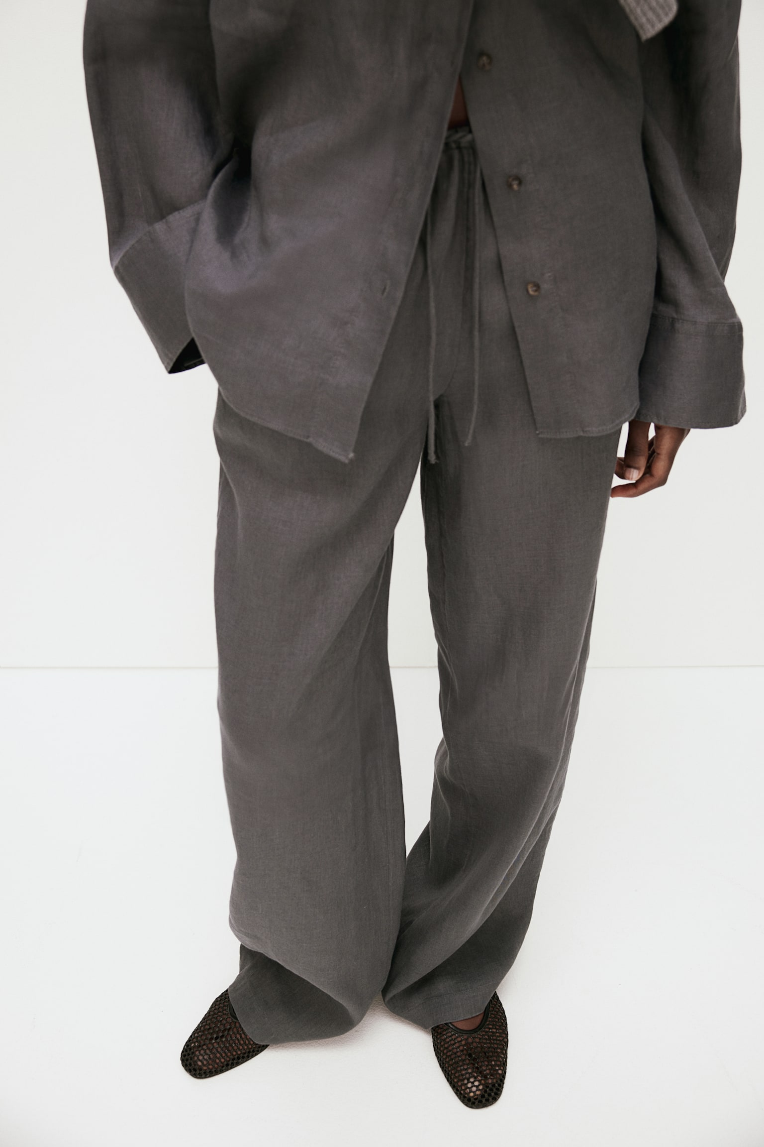 Wide Linen Pants - Dark grey/Dark beige/Light beige - 4