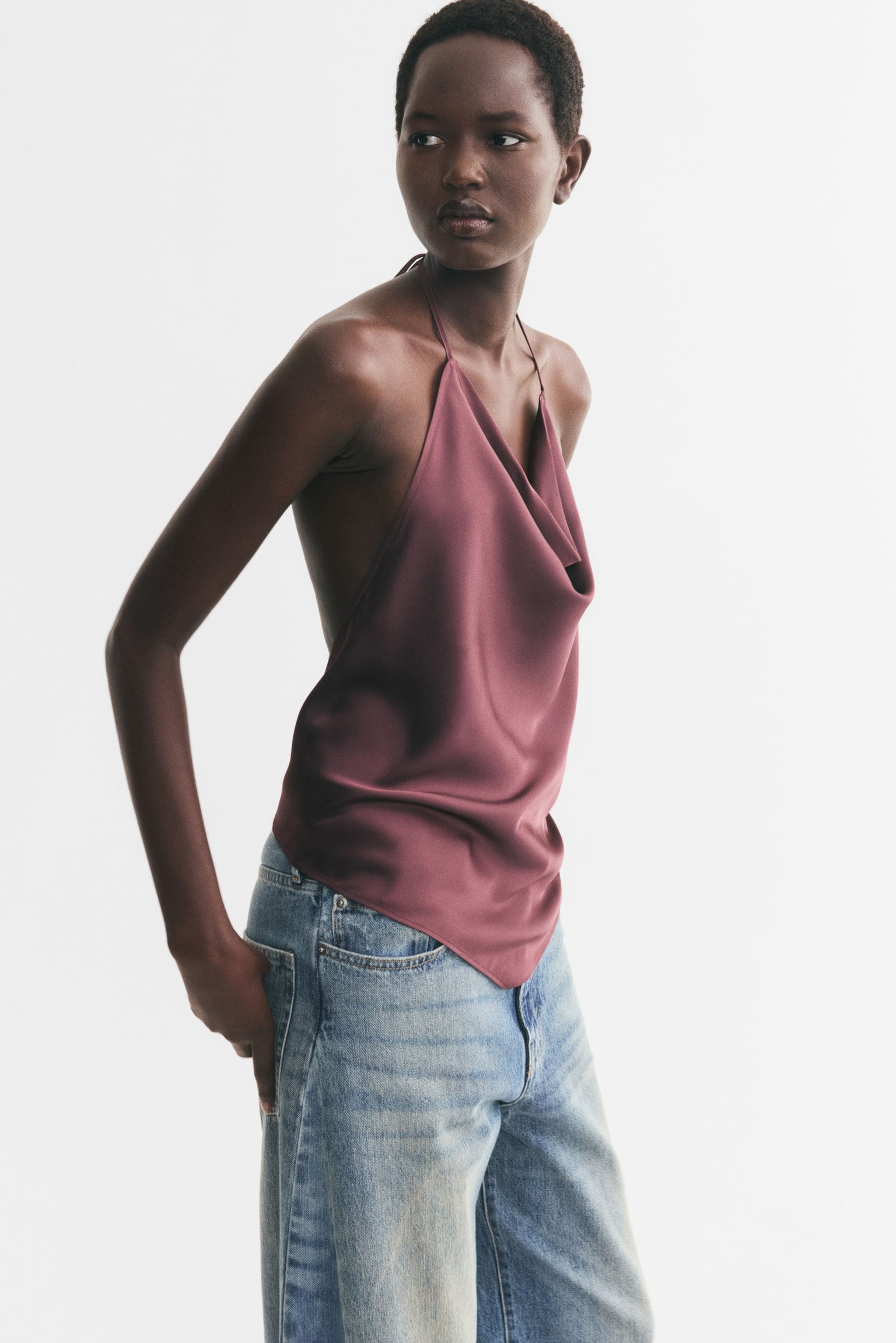 Женский топ H&M Tie-Back Halterneck Top, цвет: Пыльный фиолетовый — фото 5