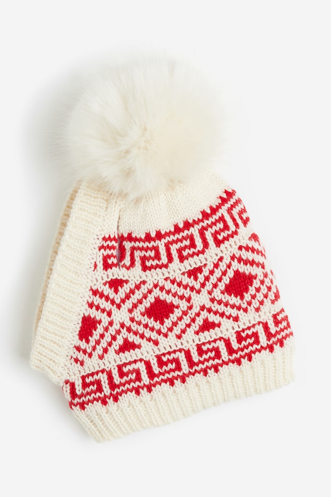 Rib-knit pompom dog hat - Red/Patterned - 2
