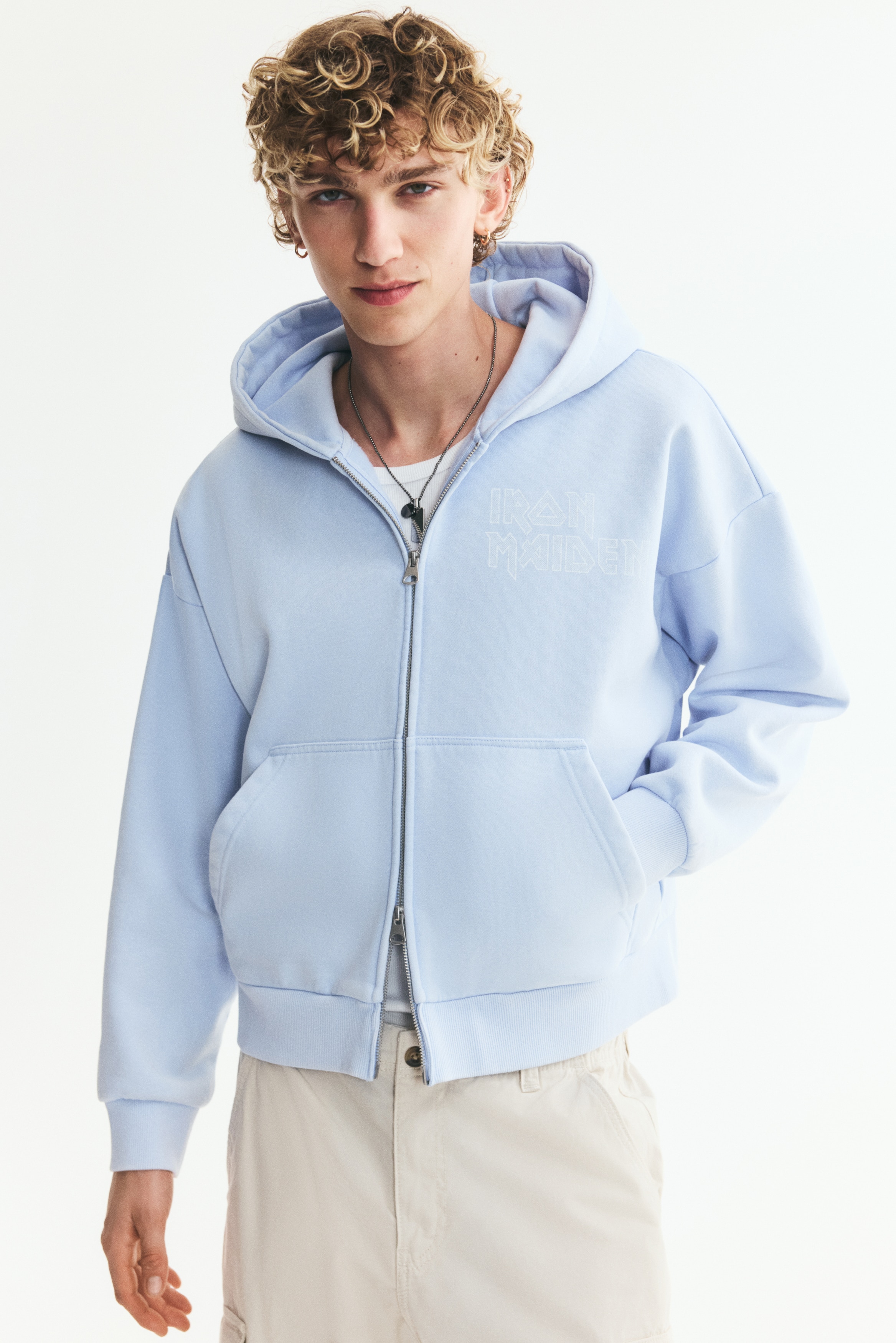 Men's Light blue/Iron Maiden Oversized Printed Hooded Jacket | H&M US