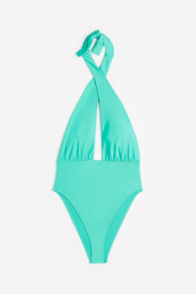 High-leg halterneck swimsuit - Bright green/Turquoise/Butterflies - 1