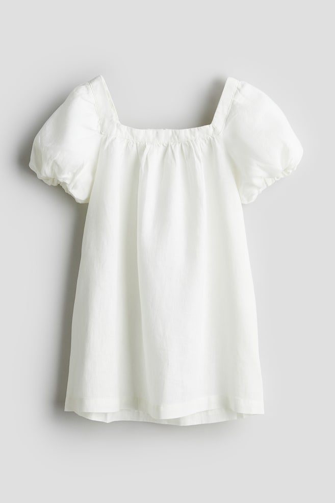 Leinenkleid mit Ballonärmeln - Weiß - 1