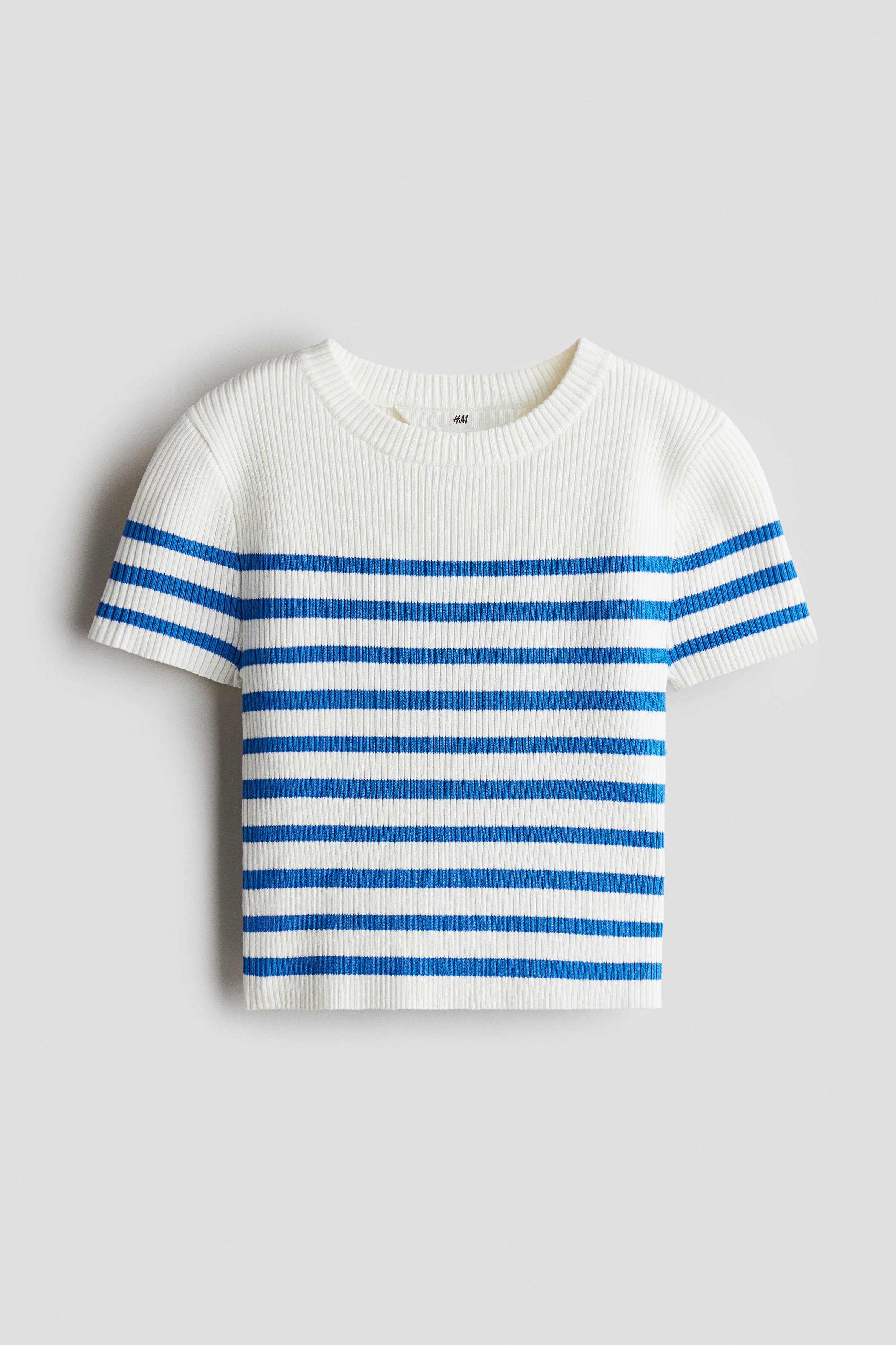 Haut court en tricot côtelé - Blanc/rayures bleues/Rose clair